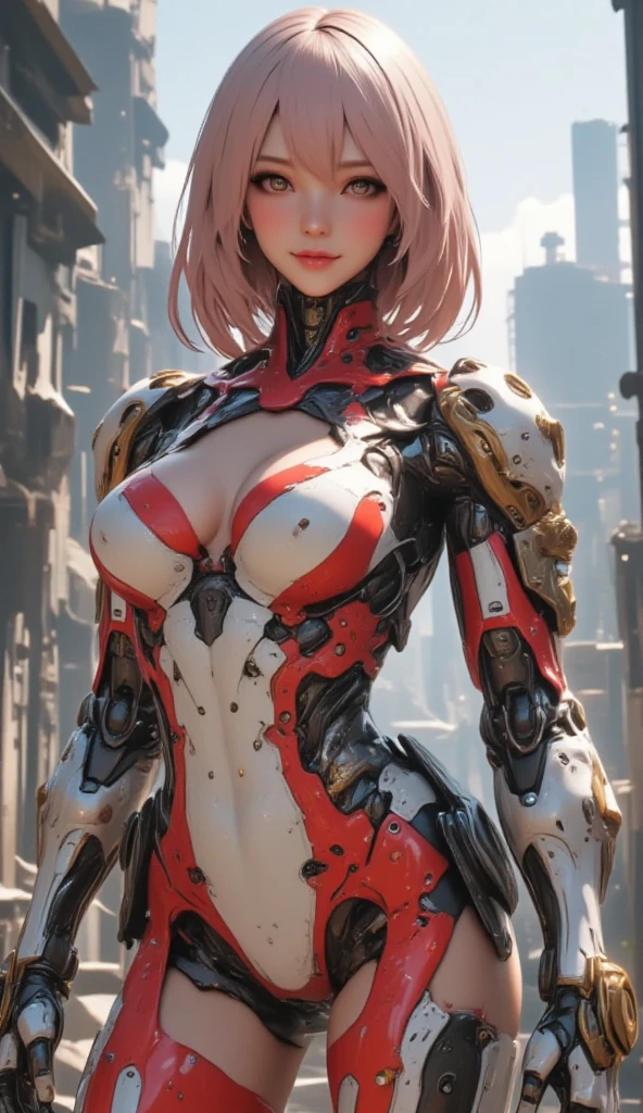 Un primer plano de una mujer con un traje rosa posando para una foto, (cuerpo cyborg ginoide:1.4), biomechanical oppai, anime robotic mixed with organic, cuerpo ginoide, Linda Chica Cyborg, highly detailed cybernetic body, girl in mecha cyber armor, Perfecto anime cyborg mujer, Chica cyborg, Chica androide perfecta, Broken hermosa mujer androide!,More detailed 8K.motor irreal:1.4,UHD,La mejor calidad:1.4, fotorrealista:1.4, textura de la piel:1.4, obra maestra:1.8,obra-prima, mejor calidad,objeto Objeto], (detailed face features:1.4),(Apocalyptic city destroyed:1.4),(cabello rosado largo:1.4),（Beautiful and detailed eye description）,(manos:1.4),(Pink Silver Robotic Suit:1.4)