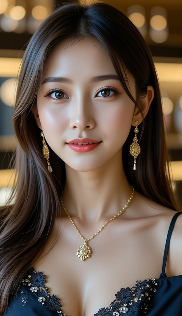 1girl, japanese, fair skin, black eyes, blonde layered hair, japanese queen, jewellery, necklaces, bracelets, nose ring, anklets, goddess of beauty, front view, pinkish makeup, red lips, detailed face, perfect anatomy, perfect body expressions, confident, very affectionate smile,