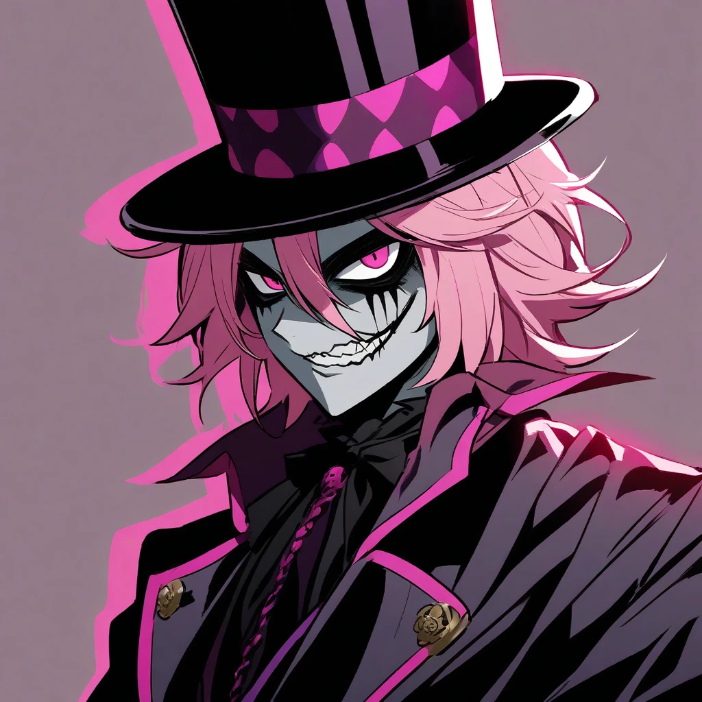 a boy with a hairstyle (mullet) Pink color, purple eyes with marks on the face and it is very elegant that it has (a wicked smile) and that he has a gun and is a little stained with blood