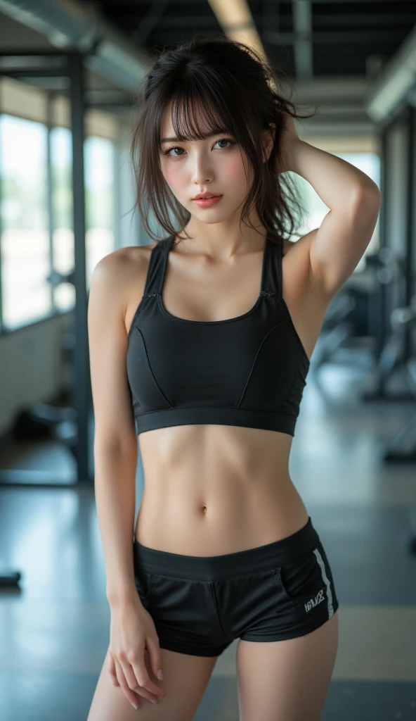 highest quality, Ultra-high resolution, (Realistic: 1.4), 1 girl, (Black Hair: 1), (Small breasts: 1.6), Gym Wear, exercise