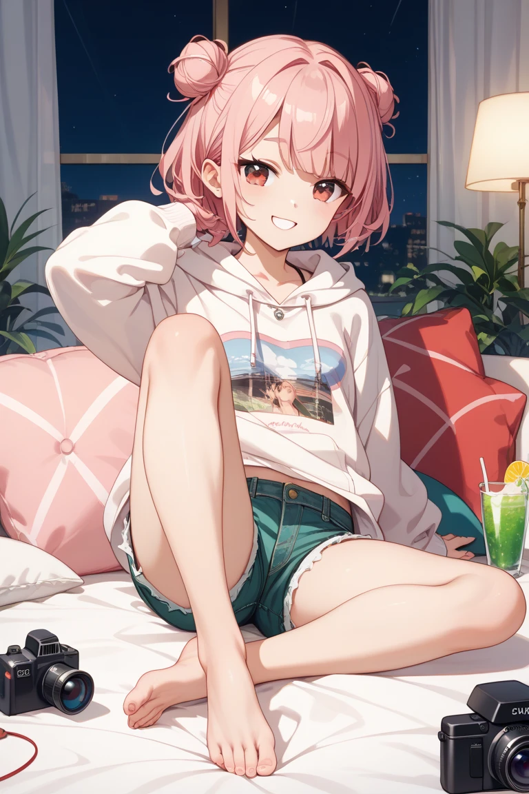 Disney Pixar style, cute girl with short pink hair with bangs, wearing white shirt and pink shorts, looking away, sitting on the sofa, tv, top view, realistc, 8k