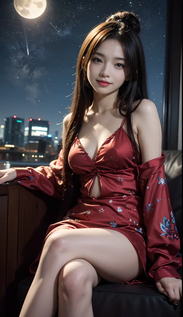 A dark-haired、long、A Japanese Lady、Dark gray eyes、Red underwear、Red Nightgown、Sit like a carpenter on the steel frame of Tokyo Tower、Hair fluttering in the wind、overlooking a city、top-quality、masterpiece