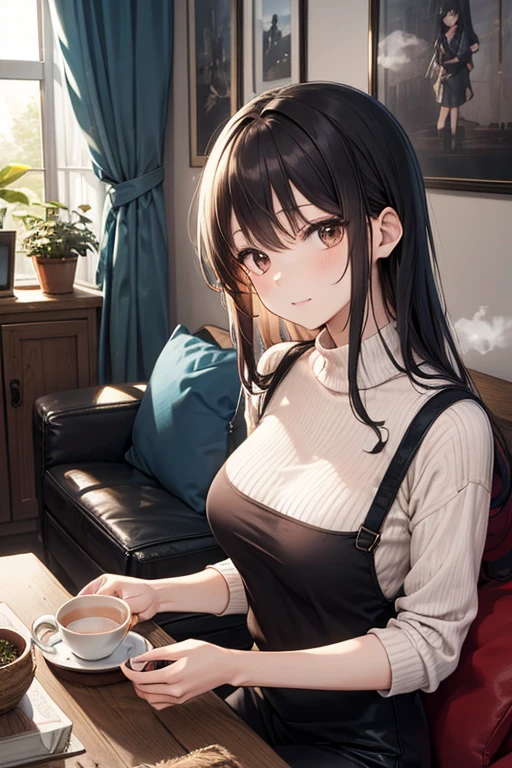 (masterpiece),High precision,1.7,Young body shape,Black Hair,Flat Chest,Pink areola,Erect nipples,,Natural light, Realistic, Diffuse Light, Shortcuts, (Pink Blouse 1.3), Blue-green checkered flared skirt,White frilly lace bloomers,(Embarrassing),(Antique furniture)).During tea time,