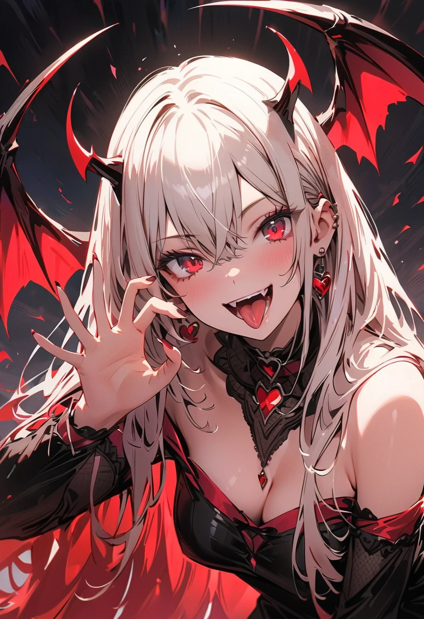 His chest was covered in blood、Anime girl with blood dripping from her chest, Gothic maxi dress,gothic girl anime, gapmoe Yandere grimdark, Devil anime girl, Shatia Bradfren, Bad guy anime 8k, Yandere intricate, portrait gapmoe Yandere grimdark, 1 Vampire girl, bloody + Concept Art, Yandere, Anime style 4k, Detailed digital anime art,With bat wings,(Tiger Teeth),(Open mouth and bite),(Correct finger),Red Moon