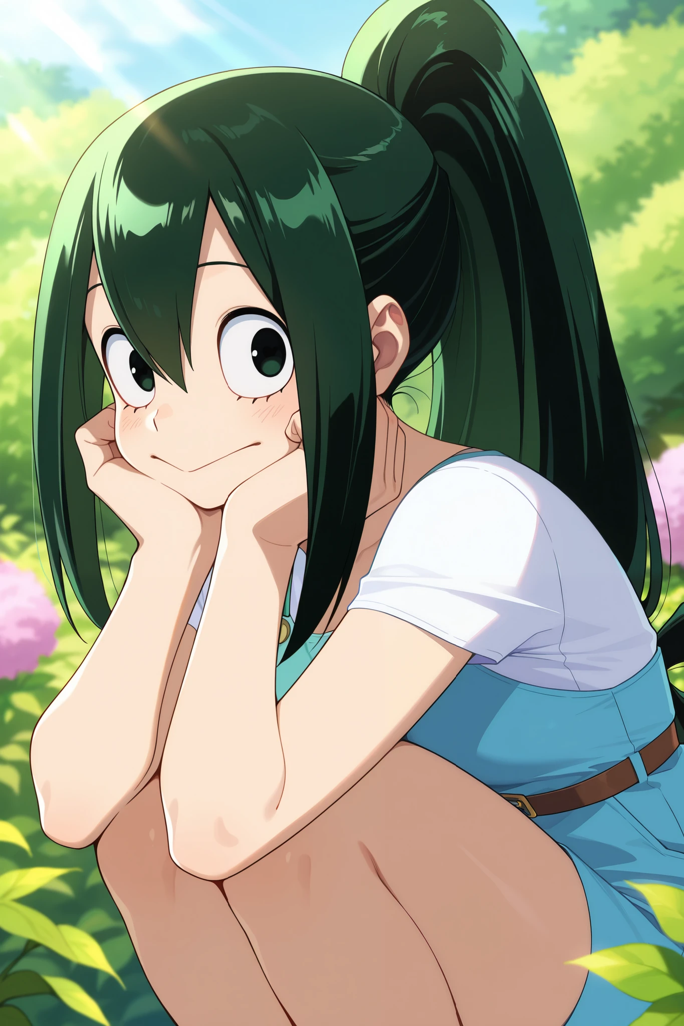 very aesthetic, highres, newest, anime screencap, anime coloring, 2d, 1girl, asui tsuyu, highly detailed anime portrait,ultra-detailed facial features,beautiful young woman with expressive face,long green hair in ponytail,cute and innocent expression,sitting outdoors in lush garden,warm sunlight filtering through leaves,vibrant colors,soft pastel palette,digital painting,masterpiece,concept art,8k,cinematic lighting,photorealistic