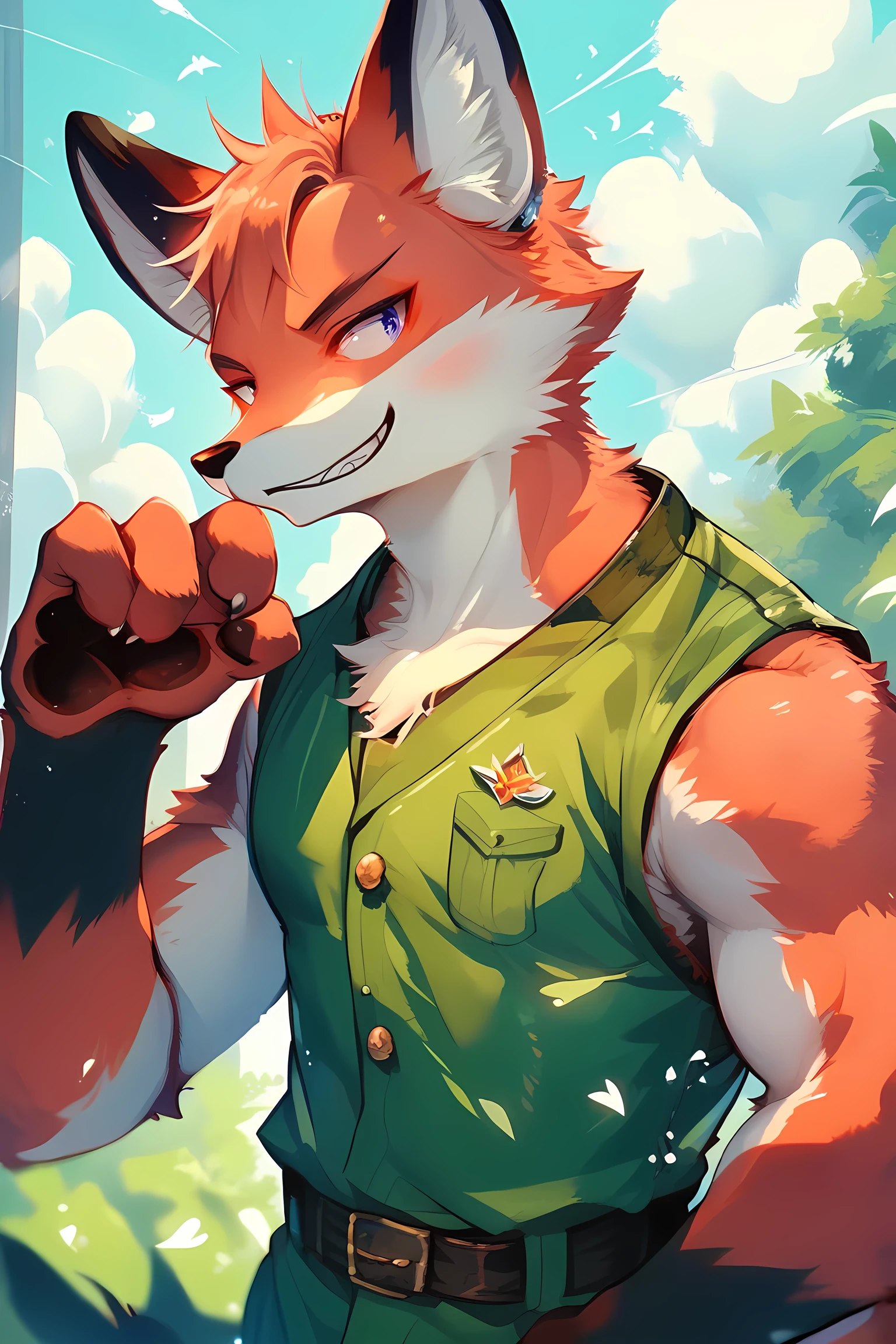 anime - style image of a male furry, red fox furry, green tunic and brown vest, A male red fox,25 years old, fur neatly groomed, save for a few rebellious tufts that always seemed to stick up, pixiv art, masterpiece, sfw version, score_9, score_8_up, score_7