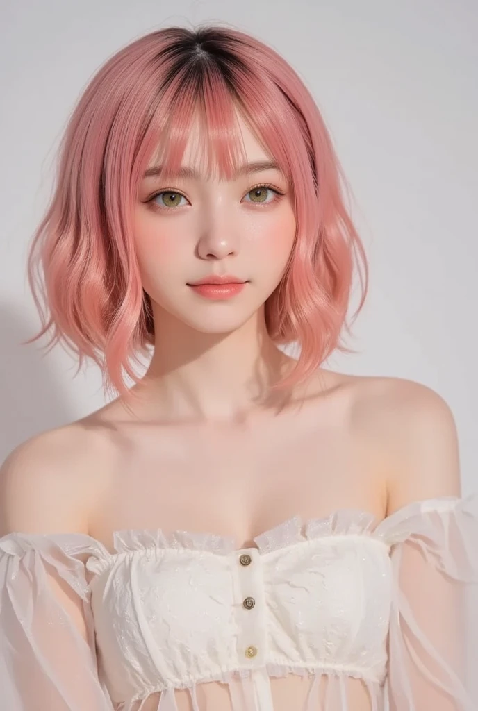 Light pink hair, Pink Eyes, Pink and white, Cherry leaves, Vibrant colors, White Dress, Paint splashes, Simple Background, Ray Tracing, Wavy Hair