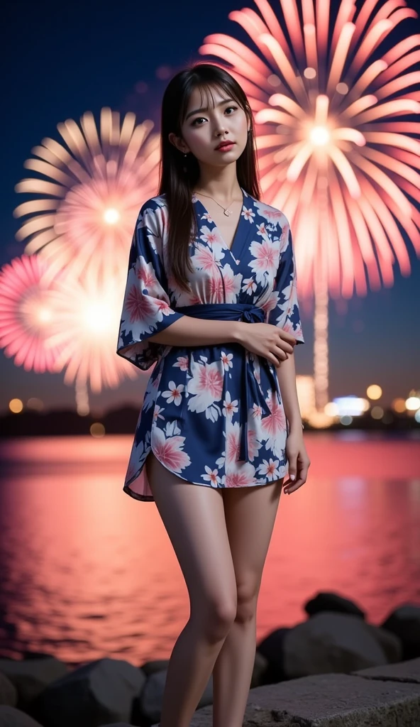 ((Masterpiece,Highest quality,Highest quality,8k,16K,Ultra-high resolution,Extremely detailed,Hyper Quality)),Japanese,Female college student,Beauty,clear,pure,Cute Girls,Large Breasts(G Cup),yukata,Summer festival,firework,night,(女の子がyukataを着てSummer festivalのfireworkをバックに楽しそうに佇んでいる様子)