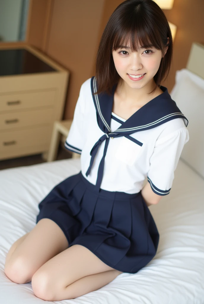 (masterpiece, highest quality, high resolution, realistic, raw photo, 8K:1.2),(high school girl:1.2), (((short-sleeved sailor uniform))), navy blue pleated skirt),(white sneakers),white socks),(smiling with teeth showing, eyes narrowed:1.3),(bob cut, black hair, natural makeup, mischievous:1.3),(tanned Japanese:1.3),(16-year-old Japanese girl:1.2),(suitable clothes:1.2),(man's room:1.3), (looking at subject from below:1.2), (shorts visible:1.3), (sex appeal, legs spread, squatting and standing on tiptoes:1.3), oily skin, oily, dark skin, moist, greasy, slippery,