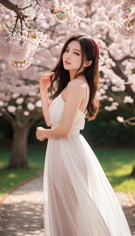 (Slim, small breasts and long hair,,,,,,,、Close-up of a girl with bangs in a silk hot dress:1.5)、(Low angle shot of girls dancing happily、Hair blowing in the wind:1.5)、(Cherry blossom trees in full bloom and petals dancing in the wind:1.5)、(Perfect Anatomy:1.3)、(No mask:1.3)、(Full Finger:1.Photorealistic、photograph、Mastepiece、highest quality、High resolution、 Delicate and cute、The face is perfect too、Delicate and beautiful air skin around the eyes、Real human skin、pores、((Thin legs))、(Black Hair)