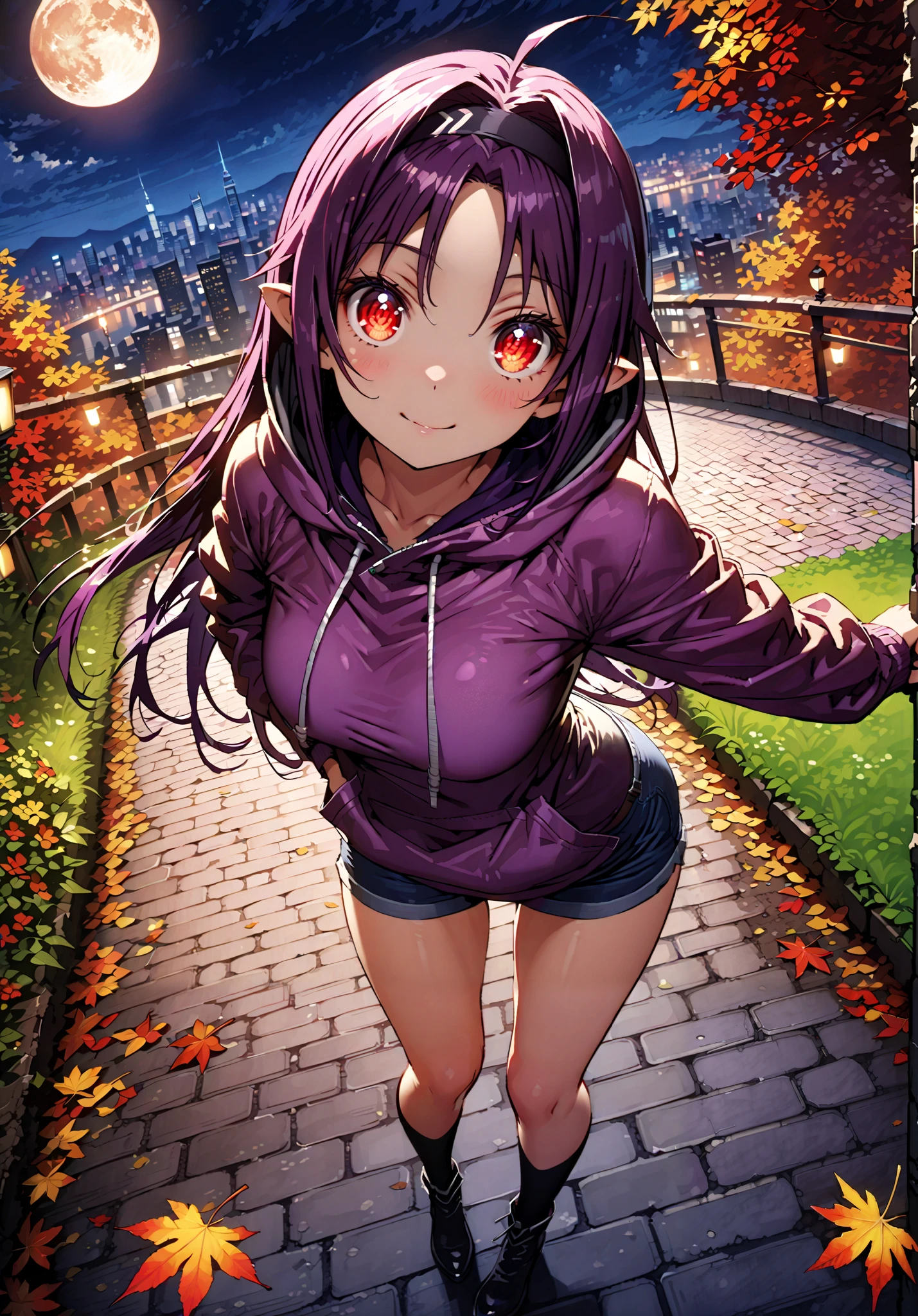 yuukiKonno, Konno Yuuki, pointed ears, purple hair, red eyes,long hair,smile,cover,Close Mouth,Purple oversized hoodie ,Denim Micro Shorts,Bare legs,boots, hood up ,autumn,autumn leaves,night, full moon,is standing,put one's hands in one's hoodie pockets,綺麗なnight景,Beautiful cityscape,full bodyがillustrationsに入るように,break outdoors, garden,
break looking at viewer,full body,
break (masterpiece:1.2), best quality, high resolution, Unity 8k Wallpaper, (illustrations:0.8), (beautiful detailed eyes:1.6), very detailed face, so that it fits into the illustration, extremely detailed CG, (curved body, perfect anatomy from a shellfish),