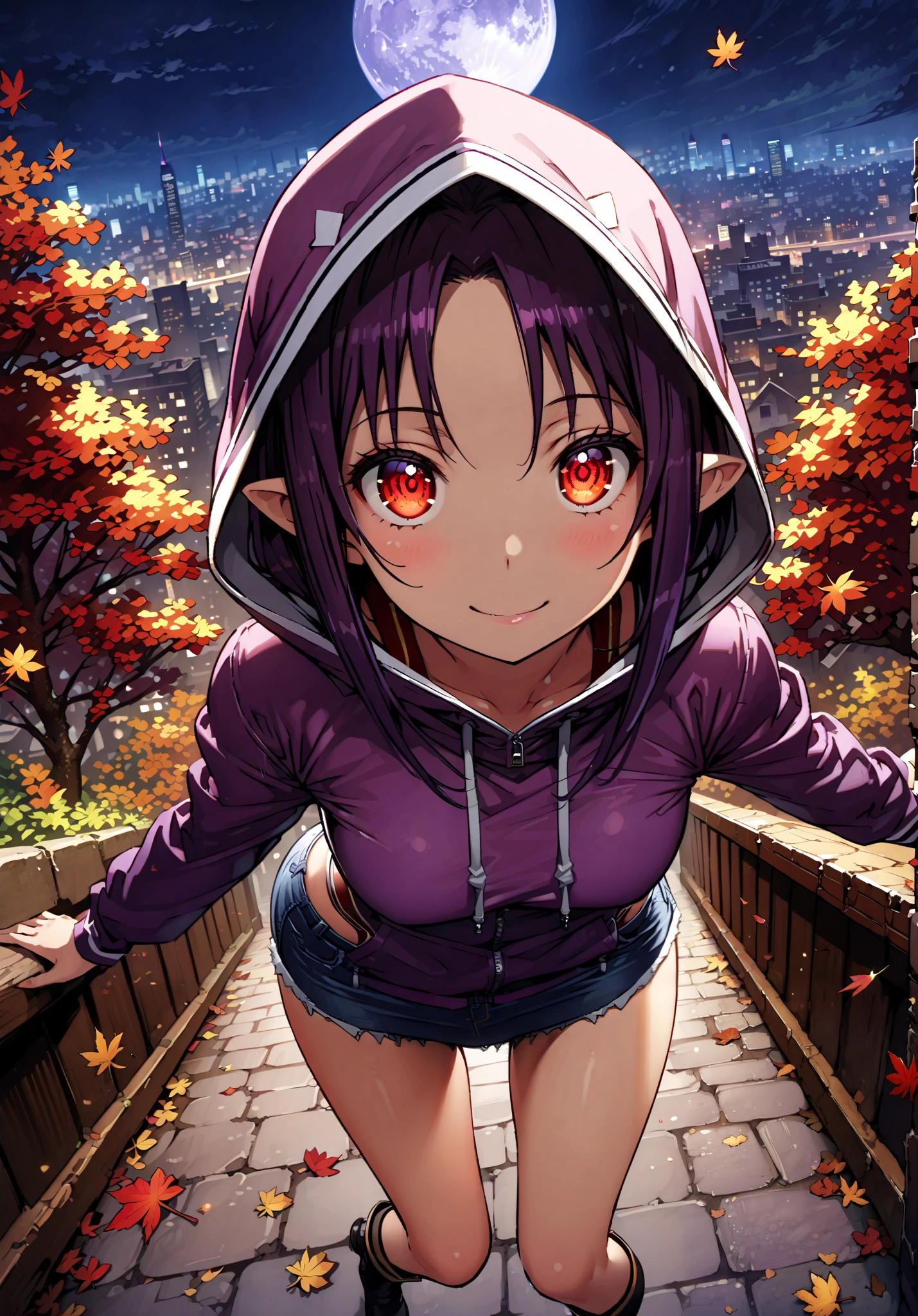 yuukiKonno, Konno Yuuki, pointed ears, purple hair, red eyes,long hair,smile,cover,Close Mouth,Purple oversized hoodie ,Denim Micro Shorts,Bare legs,boots, hood up ,autumn,autumn leaves,night, full moon,is standing,put one's hands in one's hoodie pockets,綺麗なnight景,Beautiful cityscape,full bodyがillustrationに入るように,break outdoors, garden,
break looking at viewer,full body,
break (masterpiece:1.2), best quality, high resolution, Unity 8k Wallpaper, (illustration:0.8), (beautiful detailed eyes:1.6), very detailed face, so that it fits into the illustration, extremely detailed CG, (curved body, perfect anatomy from a shellfish),