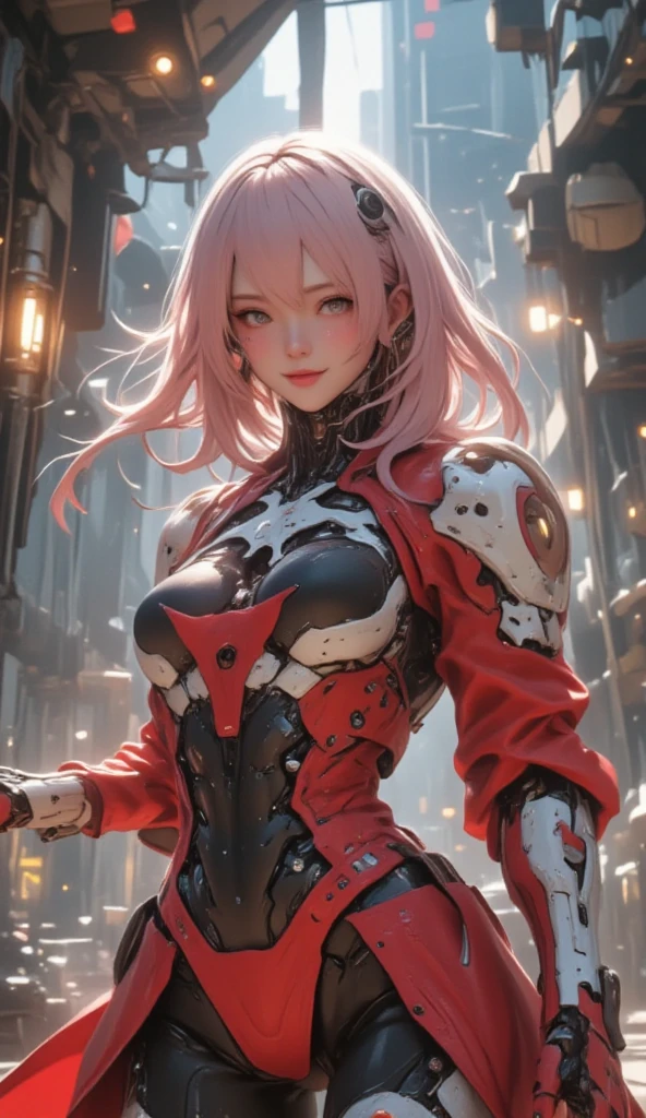 Perfect human body modeling, 1girl, small breasts, beautiful girl, cute girl and idol face, young face, smile, Beautiful long pink hair, twintails, Beautiful shining red eyes, white skin, Short body, Rabbit ears in robot style, powered armor, full armor, powered leg, Mechanical armor, steampunk