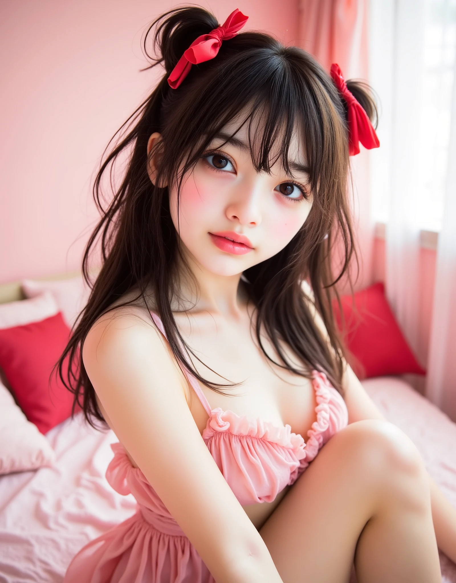 (Canon), (EOS R5), (50mm), (((Photorealistic:1.5))), ( No Lens Flare :1.5), ((超high resolution)), (masterpiece), accurate,(realisticな質感の肌), Super Detail, High detail, high quality of wavy lines , winning work, 最high quality of wavy lines, 32K, depth of field, digital camera, award-winning glamour photo , professional lighting,(SFW), ((最high quality of wavy lines:1.5)), ((masterpiece:1.5)), ((realistic)), high resolution,realisticな影, Roughness, Real Life,((very beautiful and cute single Japanese woman:1.5)), ((The cuteness of a top Japanese idol)), ((Upper body shot seen obliquely from the front :1.5)), ( upper body shot seen from the side :1.2), (( upper body shot from head to knee :1.8)), (( cute 18-year-old Japanese high school girl )),1 girl, (( very cute gothic ta girl )), Beautiful and adorable bedroom , on all fours in bed , slouching forward, head slightly bowed, curls that hang gracefully in red and black double knot hair and red ribbons, red and black gololita style Wearing a dress , with lots of frills , red socks with black stripes up to the thighs , I'm taking off my black platform boots and putting them next to the bed, Dreamy and shy expression, Attractive cuteness , Seductive Poses, Height: 160cm, slim figure, beautiful shaped big bust , F Cup, cleavage of bust visible, ((A very cute smile with some teeth showing:1.5)), (alone:1.5), (Only one person in the bedroom), (brown eyes:1.9), ( Detailed depiction of extremely realistic skin ), (Highly detailed, realistic eyes:1.9), ( extremely beautiful long realistic eyelashes ), (Highly detailed, realistic eyebrows), (丸いbrown eyes :1.8), ( beautiful catchlight on the eyes), (Realistic lips with moisture ), (White Realistic Teeth Arrayed Neatly), ( Beautiful and Detailed Face :1.6), (hourglass figure:1.6), (Wasp waist :1.5), (Perfectly round and beautifully shaped breasts:1.8), ( clearly contoured cheekbones :1.5), (perfect style body :1.8), (Healthy body :1.8), (Narrow shoulders:1.9), (staring at viewers), (mesmerizing gaze on the outer corner of the eye), (Beautiful, natural-looking hands), (beautiful pink nails with a beautiful length), ( playful and curious posture ), pink themed bedroom , (The whole room is pink), pink wall, pink ceiling , Pink floor, red pillows placed on a fluffy pink bed , pink curtains, Pink furniture, soft pink lighting , dreamy cozy atmosphere), fantasy style, Glow effect, Bright dynamic lighting ,