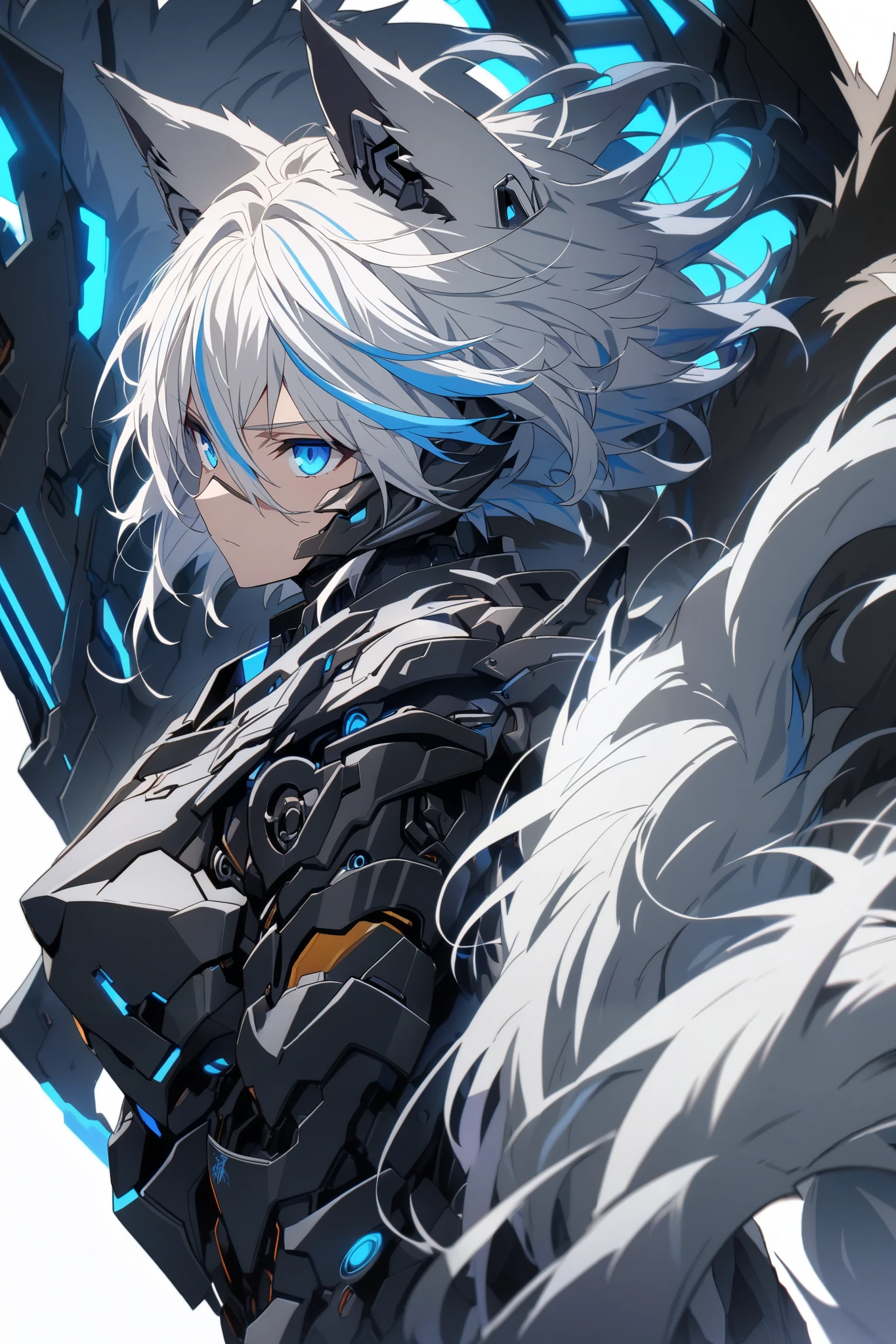 [(WHITE BACKGROUND:1.5),::5], ((masterpiece)), high quality, ultra very high resolution, full color, ((solo)), ((younger boy)), Black cyborg armor, Wolf ear,  (Wolf armor), ((Wolf mechanical tail)), ((men's White hair)), (Blue streaked hair), (SkyBlue eyes), anime, (upper body), Blue neon light,