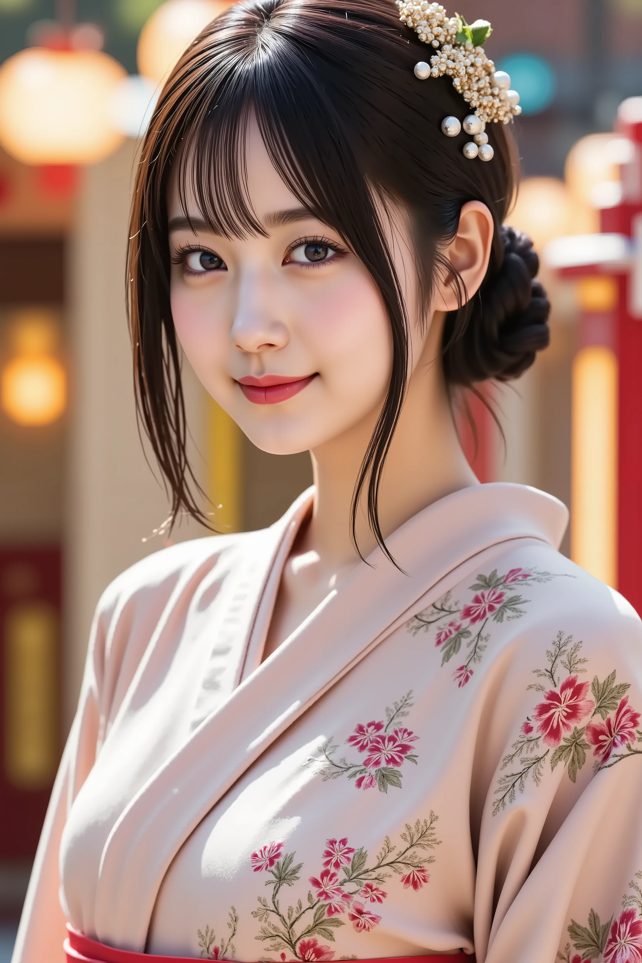 A highly detailed and ultra-realistic digital illustration of a beautiful young Asian woman, explicitly framed from just above her chest upwards, fully capturing her entire head, including the crown and clearly visible hair whorl. The composition ensures her facial features are perfectly centered, with clear, Radiant Skin, softly blushed cheeks, and a bright, open smile revealing her teeth, giving a warm and joyful expression. Her naturally pink lips are slightly parted, showcasing a friendly and inviting smile. Her large, expressive eyes sparkle, enriched with delicate eyelashes and subtle, elegant makeup, enhancing the liveliness of her joyful expression.

Her straight, sleek black hair is gracefully styled into an elegant updo, adorned with an exquisite kanzashi hairpin featuring delicate floral designs, adding a touch of traditional Japanese beauty to her appearance.

She wears an exquisite, traditional Japanese furisode kimono, adorned with intricate patterns of cherry blossoms and elegant golden embroidery, showcasing rich cultural aesthetics. The long, flowing sleeves add depth and grace to her appearance, while a vibrant obi belt with intricate detailing enhances the authenticity of her attire.

The background is a lively Japanese festival scene, filled with glowing paper lanterns, vibrant red torii gates, and bustling festival stalls selling traditional street food and colorful decorations. Soft bokeh lights from distant festival lanterns create a warm, immersive ambiance, while a subtle golden glow highlights the intricate patterns of her kimono. The festive setting enhances the celebratory atmosphere, immersing the viewer in the rich tradition and beauty of a Japanese matsuri.

The overall image is crystal-clear, hyper-detailed, and rendered in stunning 8K resolution, ensuring breathtaking realism and depth.bun hair
