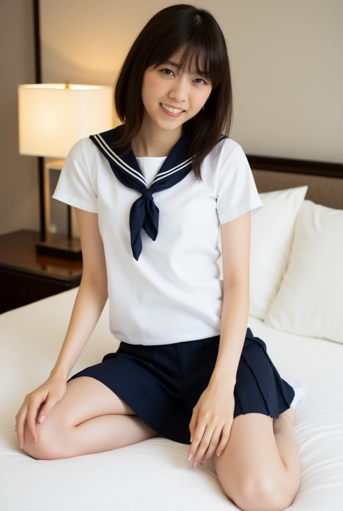 Ultra-Realistic Images、Cute Japanese girls images,10 and 12 year old sisters,White blouse, navy blue miniskirt and white socks,(((She spreads her legs to reveal her white panties))),bangs,Smile a little,Thighs,share,knees,Shortcuts,ponytail,From below,In the bedroom