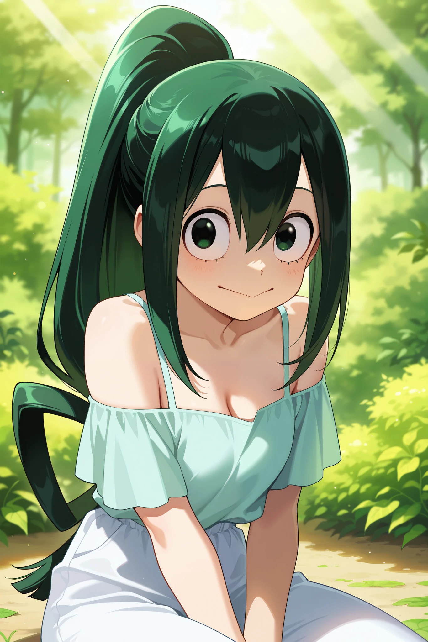 very aesthetic, highres, newest, anime screencap, anime coloring, 2d, 1girl, asui tsuyu, highly detailed anime portrait,ultra-detailed facial features,beautiful young woman with expressive face,long green hair in ponytail,cute and innocent expression,sitting outdoors in lush garden,warm sunlight filtering through leaves,vibrant colors,soft pastel palette,digital painting,masterpiece,concept art,8k,cinematic lighting,photorealistic