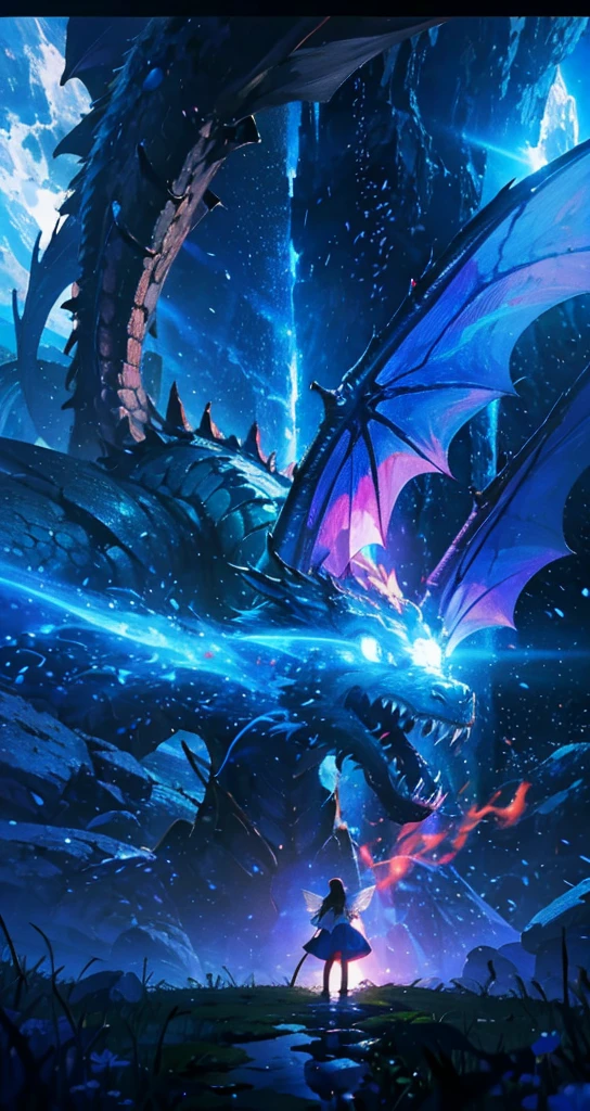 Dragon painting on a rock in the sea, storm dragon, Ancalagon the Black, a majestic gothic dragon, Black Dragon, Mythical creatures, dangerous & Powerful creatures, Drakenlord, Mythical creaturess, an ominous fantasy illustration, Magnificent Dragon, Draconian, Greek Dark Mythology, Majestic Gothic Indian Dragon, Jeff Easley, a Mythical creatures、Glowing blue eyes and advanced cybernetic enhancements. The giant demon is seen in a dynamic action pose, Neon-lit rooftop, reflection on a smooth surface. The cityscape below is filled with towering skyscrapers., illuminated by colorful holographic advertisements, Shining with blue energy, Mighty power. The overall atmosphere is dark and mysterious., It had a futuristic techno vibe.. The lighting is dramatic, Intense highlights and deep shadows, Creates depth and tension. Color Palette、