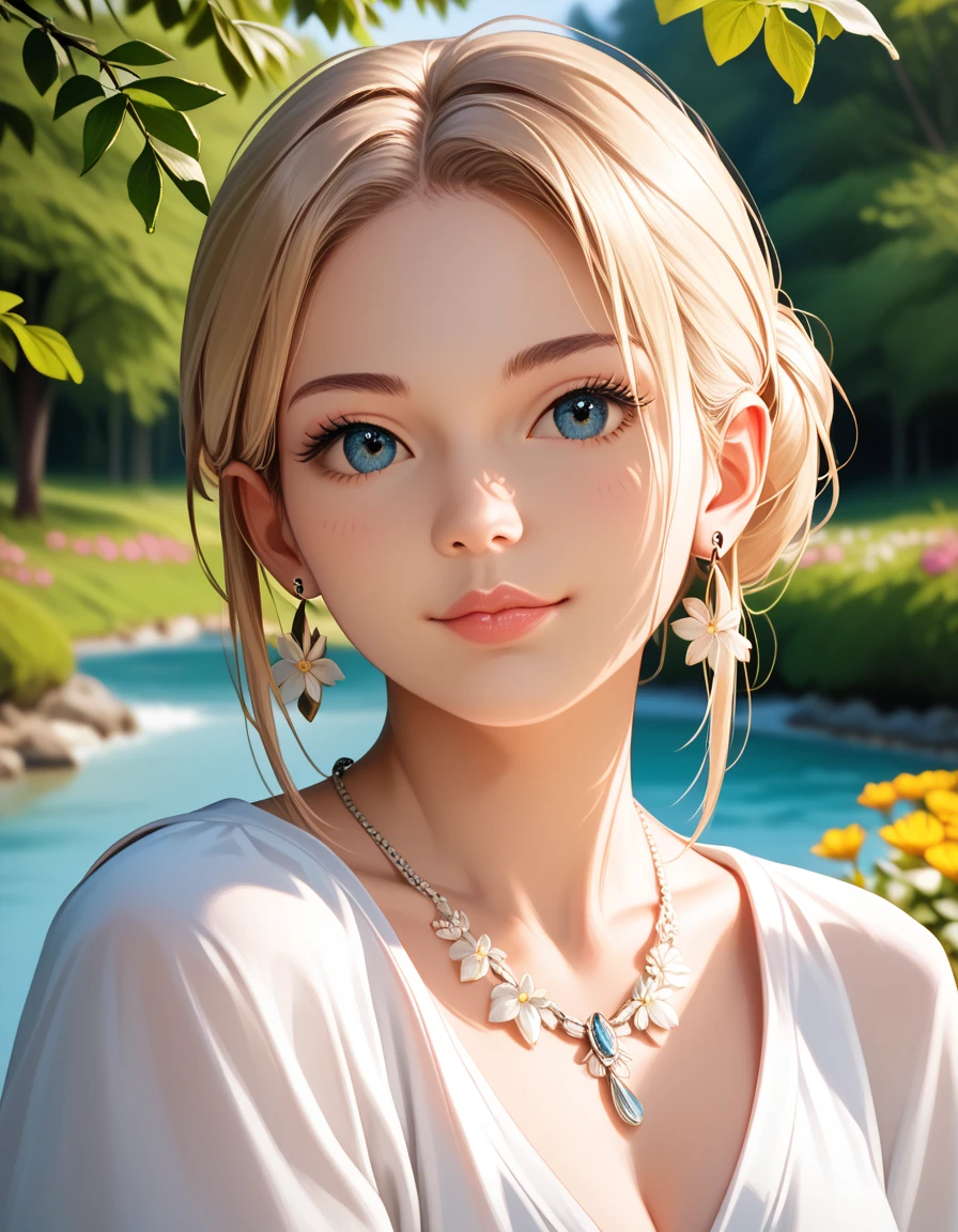 a 20 yo lady,Flowers, trees, sky, breeze, clouds, sun, rainbow, ocean, beach, forest, stones, gravel, earth,(Natural skin texture,ultra-realistic realism,the soft light,Sharp),masterpiece, best quality, ultra-detailed, best shadow