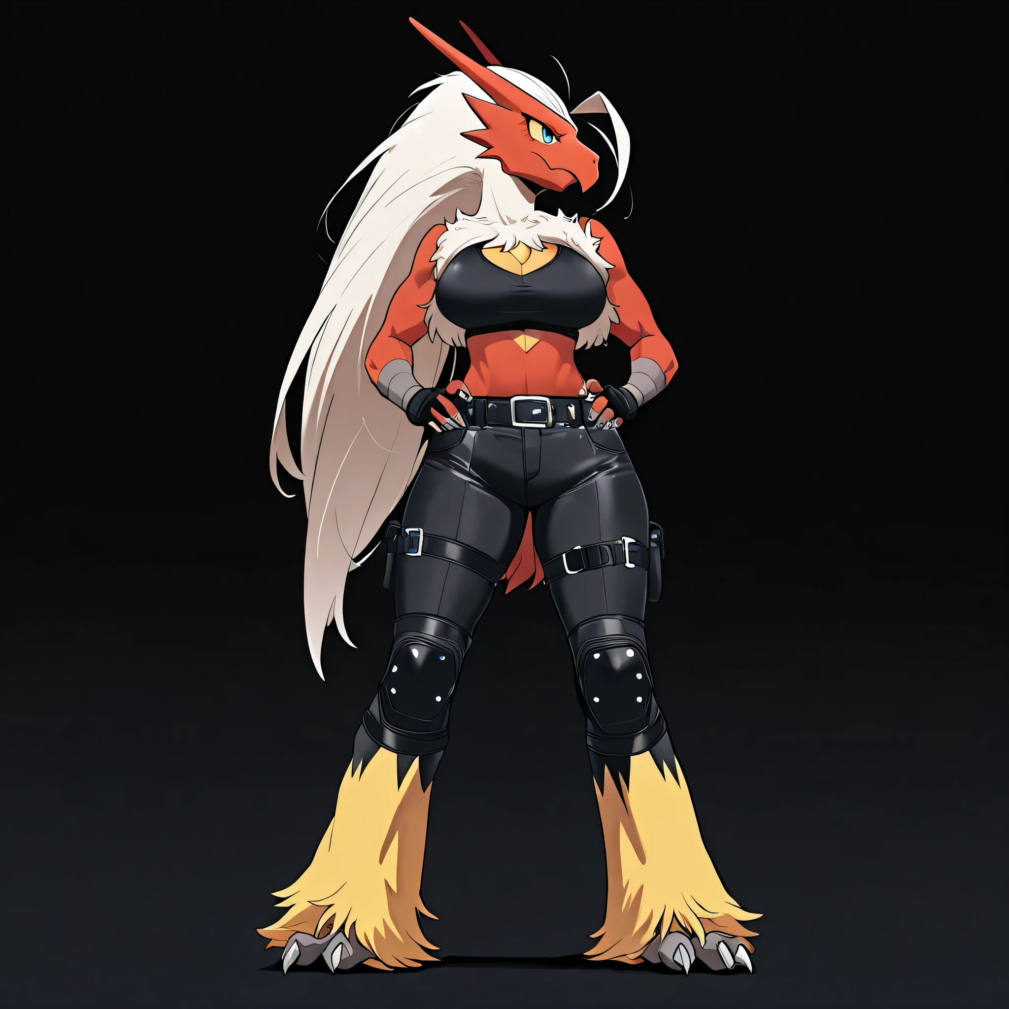 masterpiece, best quality, anime style, anime shading, full body picture, centered, single focus, ((three quarter view)), ((single view)), 1girl, ((alone)), blaziken_illust, long white hair, black sports bra, black pants, belt, fingerless gloves, ((dark background)), standing pose, score_9_up, score_8_up, score_7_up, score_6_up, score_5_up