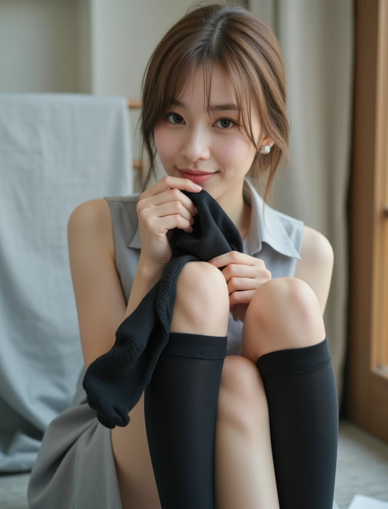 ((top-quality、8K、​masterpiece:1.3))、foco nítido:1.2、(realisitic、Photorealsitic:1.37)、feet up、(((({{one eye closed}}, Thin eyebrows,))))、Feet that take up the entire screen、((A smile))、Feet to the viewer、Feet in front of the audience、((((((Patterned)))),pantyhose:1.3))、advance、Beautiful Face Woman、28 year old、pointed chest、NSFW、long eyeslashes、Colorcon、Big 、delicated、Very detailed eyes、Highly detailed eyebrows、((Beautiful ass))、（Sharp Eyebrows）、（Thin eyebrows）、very vey very detailed face、((Brunette short disheveled hair)),Erect ,Clothed、thong 、white  shirt、((校服))、lowfers、plaid skirts、frombelow、Wooden floors、((Closet background))、Detailed background(8K、​masterpiece、top-quality、Raw foto)