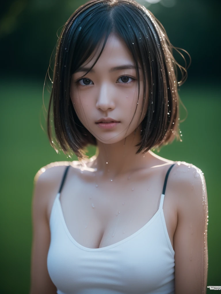 master piece,best quality,ultra-detailed,(looking at view),black hair,realistic,18yo,(bokeh),short hair,straight hair,small breasts,diagonal bangs,sweat,blush,narrow eyes,(orgasm),natural pose,upper body,short sleeves,yellow t-shirt,(rain:1.2),(wet t-shirt:1.2),from side