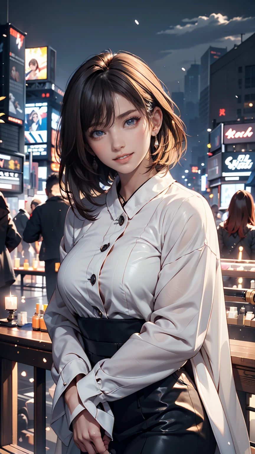 (Masterpiece, highest quality, high resolution, real: 1.3), (arms folded), (bright colors, bright colors, diffused lighting: 1.1), Tsuki Shima, mature woman, office lady, formal, suit, skirt suit, jacket, collar (Cowboy shot: 1.2), black pantyhose, pencil skirt, short hair, brown hair, bob cut, brown eyes, huge breasts, cleavage, looking at viewer, perfect body, perfect eyes, anime eyes, eyes Shadow, perfect face, (horny, blush), frightened, night park, sunset, bright background, Japanese park background, park lantern, complex background, sharp focus, professional artwork, intricate details, Digital blending, super detailed body, super detailed hair, super detailed face, absurdity,