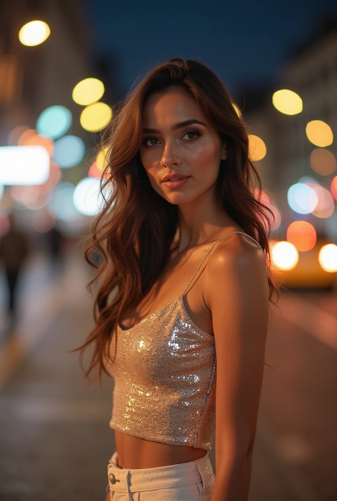 (selfie, top view: 1.4), (straight half of the body: 1.4), RAW UHD portrait photo of a 24-year-old brown wavy haired (light brown-eyed woman) walking down a dark alley, large breasts, city at night, (skirt), (neckline), details (textures! , hair! , glitter, color!! , disadvantages: 1.1), glossy eyes with high detail (looking at the camera), SLR lighting, SLR camera, ultra-quality, sharpness, depth of field, film grain (center), Fujifilm XT3, crystal clear, frame center, beautiful face, sharp focus, street lamp, neon lighting, bokeh (dimly lit), night, (night sky), detailed skin pores, oily skin, sunburn, complex eye details, full body, large breasts