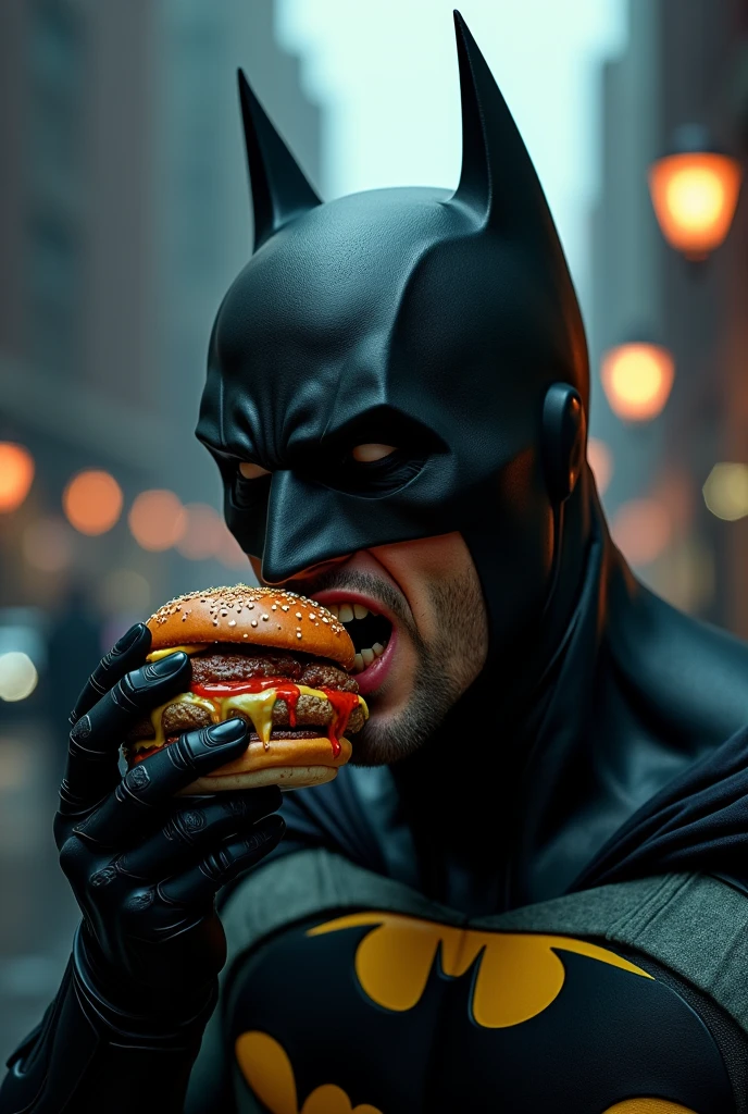 Batman eating hamburger 
