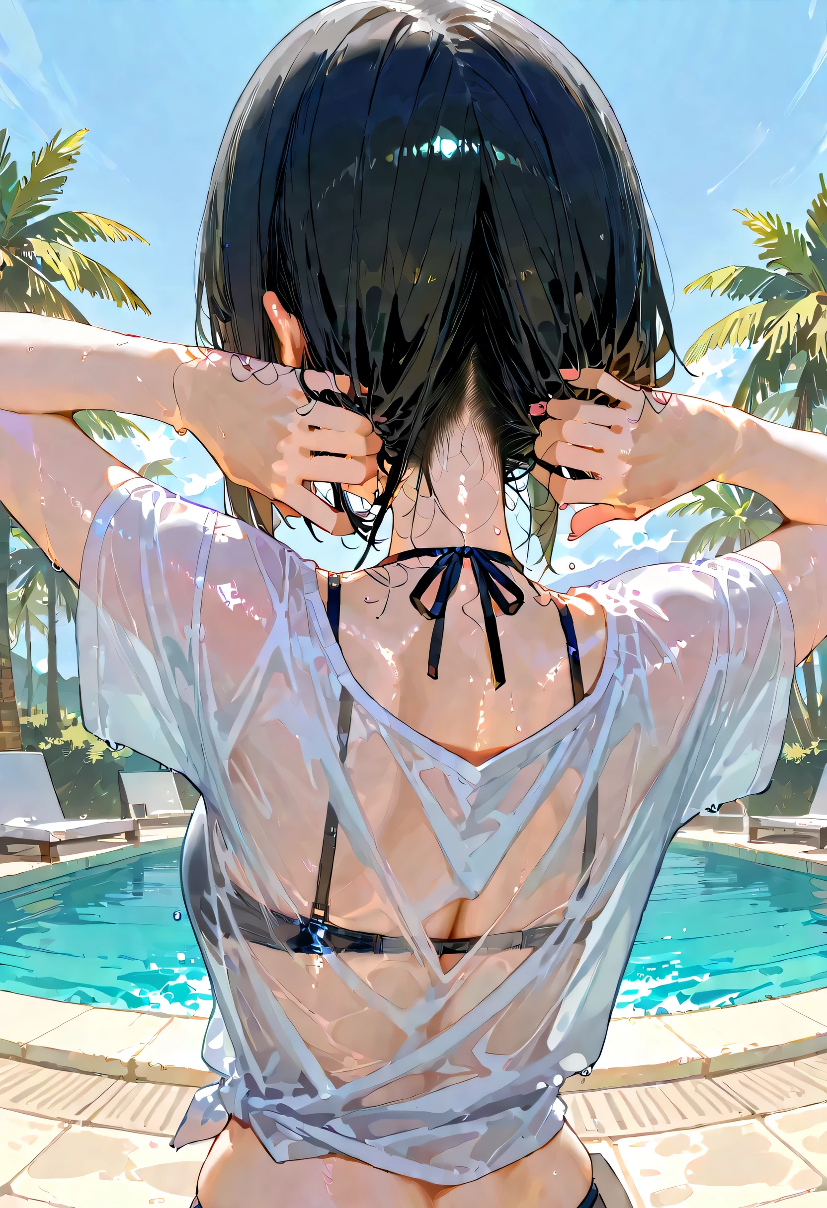 Outdoors、fisheye lens from the sky、black hair( pink inner color)、shortcuts for white doors(Long nape、Long pile ),Single Female ,pose,4K HD Wallpaper Glossy Skin,anime girl,black bikini、 white oversized t-shirt(wet)、