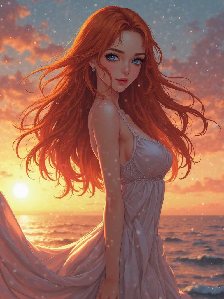 (masterpiece, highest quality), ((One girl, alone, Long Hair)), Ishmael_edge, Innocent look, Bare arms, Exposing shoulders, Bare neck, watercolor, Sundress, Liquid clothing, water, Wave, water dress, green_theme, night, haze, dark, Sharp focus, Ocean, See-through dress, Orange Hair