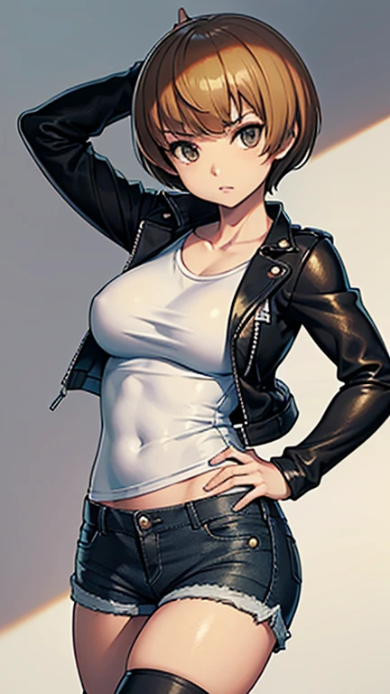 1girl, spiked hair, very short hair, yellow eyes, tan, tan skin, tan-skinned female, black hair, tomboy, pixie cut, large breasts, hourglass figure, thick thighs, smile, smirk, smug, toned, white shirt, jacket, sneakers, black jacket, shirt, short pants, shorts, fingerless gloves, standing, full body