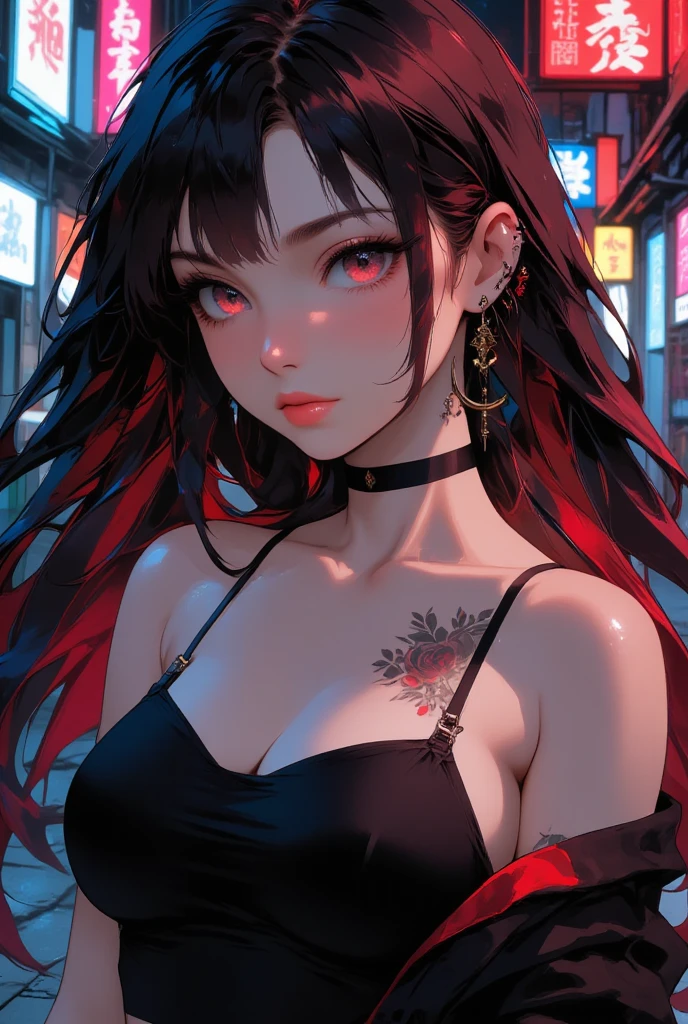(best quality,4k,8k,highres,masterpiece:1.2),ultra-detailed,(realistic,photorealistic,photo-realistic:1.37),gothic woman,cyberpunk,red eyes,demon,extremely detailed face,long dark hair,sensual lips,pale skin,piercing,full makeup,black leather outfit,studded collar,fishnet stockings,platform boots,night cityscape background,neon lights,smoke and fog,reflective surfaces,glowing tattoos with intricate designs,blood red lipstick,sharp fangs,intense gaze,ominous aura,vivid colors,high contrast,dark shadows and highlights,ethereal beauty