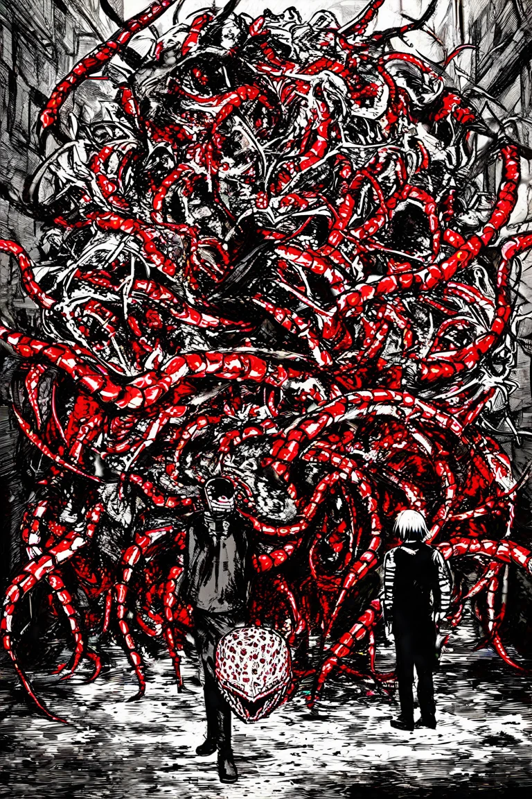 anime screencap, illustration, (eyeballs:1.2), monochrome, body horror, bones, (cybernetic:1.2), horror, surreal, cosmic horror, blood, eldritch, lovecraftian, visceral, tentacles, nightmare, hell, demonic, biomechanical, alien, outer space, stars, planets, detailed background, <lora:animeScreencapStyle_v230epochs:1>