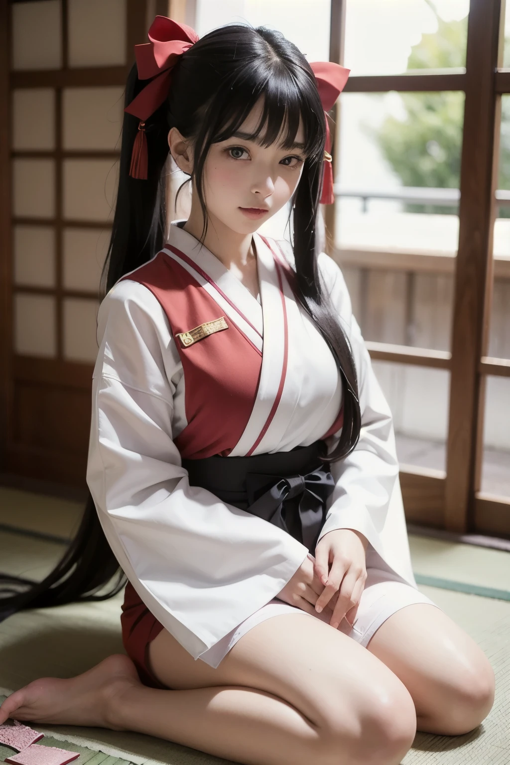 Cute 13 year old girl, 独奏、full bodyesbian、Height about 145cm, Brown eyes, White kimono、Wearing a red hakama、 long straight black hair, The background is the veranda of the shrine、masutepiece, Best Quality, ultra-quality, High quality, hight resolution, ultla highres, absurderes, 4K, 8K, Hyper Detailed, intricate-detail, amazing shading, High contrast, Realistic, photographrealistic, Raw photo, Photography, superfine illustration, foreshortening, Perfect Anatomy, Correct anatomy, perfectly proportions, Perfect face, Perfect hands, Perfect legs, Perfect fingers、front facing、squat with your legs open、itting open legs、White underwear is visible、Pubic area visible、Embarrassed look、Looking at the camera、Raise both hands