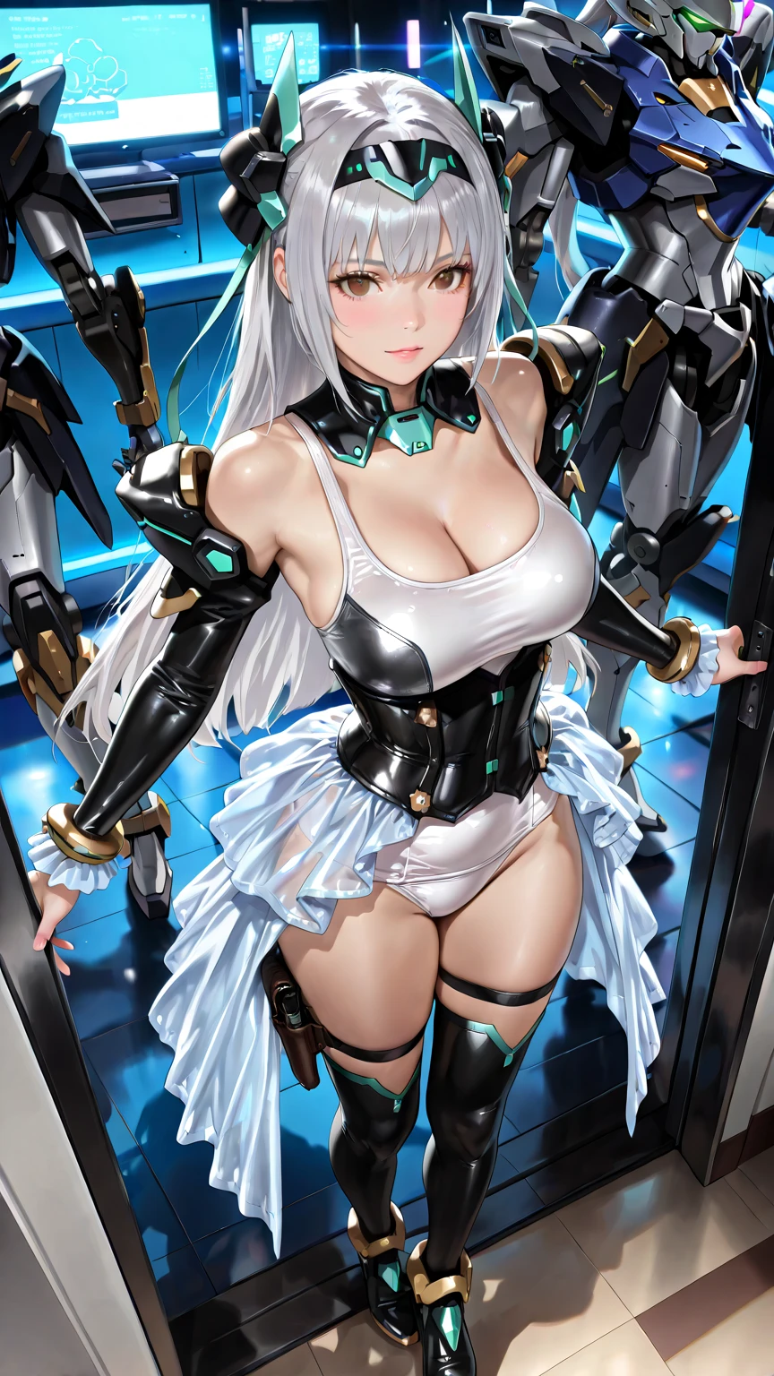(masterpiece:1.2), (ultra detailed:1.2), (Highest quality:1.2), (Very-cute-and-beautiful-1gir)l, (16-years-old), BREAK ultra detailed beautiful face, (ultra Delicate beautiful yellow-cute-eyes, Iris, Long eyelashes), Attractive lips, BREAK absurdly long wavy hair, shiny pastel blue hair, Delicate hair portrayal, hair bow, BREAK (slim body and gigantic breasts:1.4), narrow waist and leggy, beautiful curvy cute ass, BREAK (porcelain and Translucent shiny skin:1.2), (sweaty skin:0.7), BREAK Precise anatomy, (Happy Smile), BREAK (mechanical parts High leg Spacesuit), (Over the knee tights), ultra detailed, The cockpit is surrounded by glowing monitors, background, BREAK (standing in the center), striking a model-like pose, (character focus:1.2), (cowboy shot, Wide Angle, shoot from front), Professional lighting, atmospheric perspective, BREAK extremely detailed CG, Incredibly absurd 8k wallpaper,