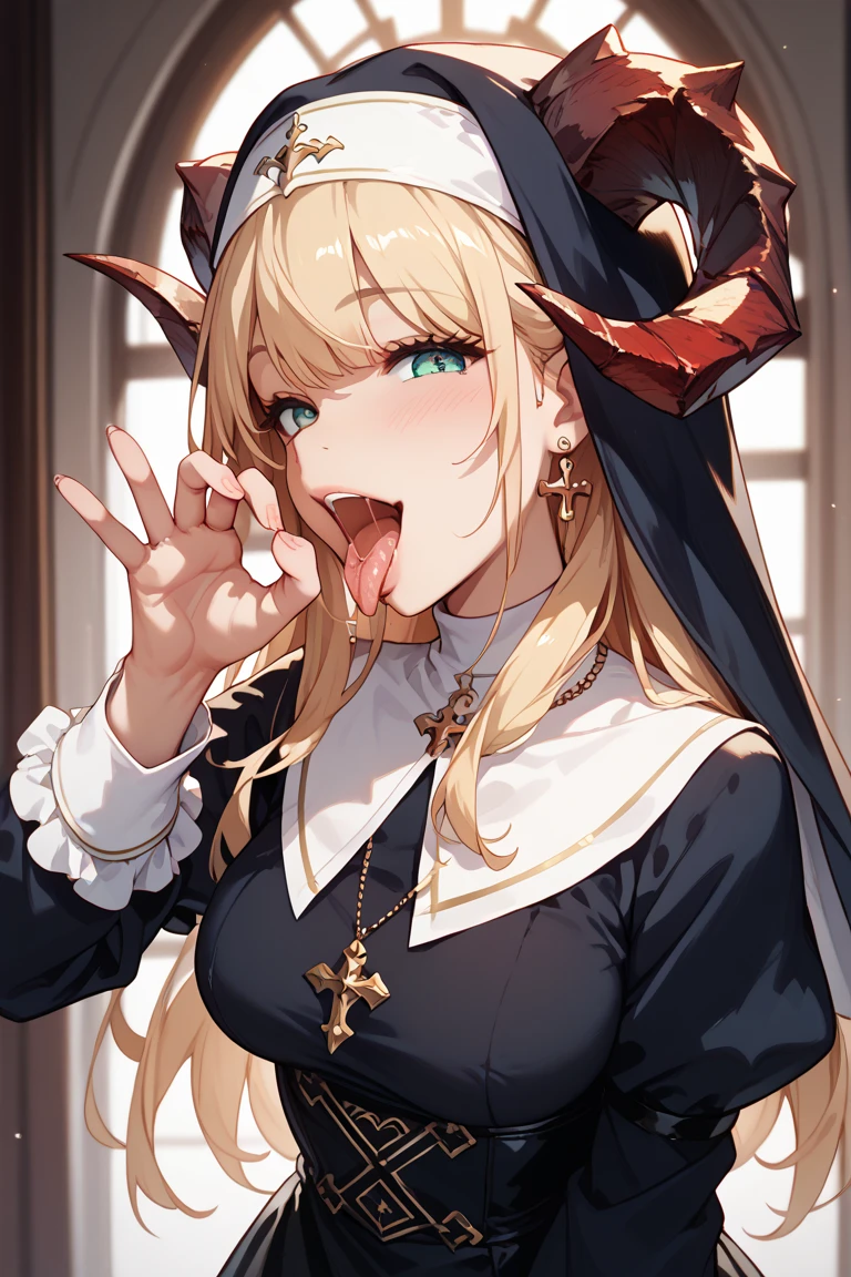 masterpiece, Highest quality, Official Art, Highly detailed CG Unity 8k wallpaper, Detailed Background, (Handcrafted by Guido Daniele), (Finger details), Mature Woman1, (Curvy), (Nuns), (standing in church), (Nuns gown:1.12), (Chest curtain:1.4), (Nuns skirt:1.11), (White Garter Straps Garter Belt:1.12), (Blonde long hair:1.12), (Hair intake:1.12), (Green Eyes:1.2), blush, (Loving smile, holy smile), ((Huge breasts:1.5、Sagging breasts:1.5、Long Breasts:1.3、sagging breast:1.5)), Tight waist, Shiny skin, (Cross Necklace), indoor, (Sacred Scene), (church:1.11), (Sunlight streaming through stained glass),Mature Woman、((sit、足を広げてsit))、Monastic Clothes、White panties、Photographed from diagonally in front、Confessional Pose、Clasp your hands in front of your chest、Close-up photo of the chest、naughty face、heavy breathing、breast focus、Provocative smile、handjob、Sticking out tongue、penisを手コキ、(3penis、penis)、両手でpenisを手こき、(Blowjob,fellatio)、((3本のpenis、片手ずつでpenisを手コキ))、Facial,((hair cum, licking penis, oral invitation、cum in mouth, bukkake)))、excessive cum、pojecile cum