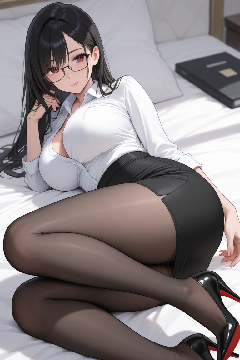 popped collar ,High collar,White shirt, Wife,Lying down,Naked shirt,Dress shirt,Glasses,MOTHER,Put your hands behind your head,Spread your legs,Pencil Skirt,sex,