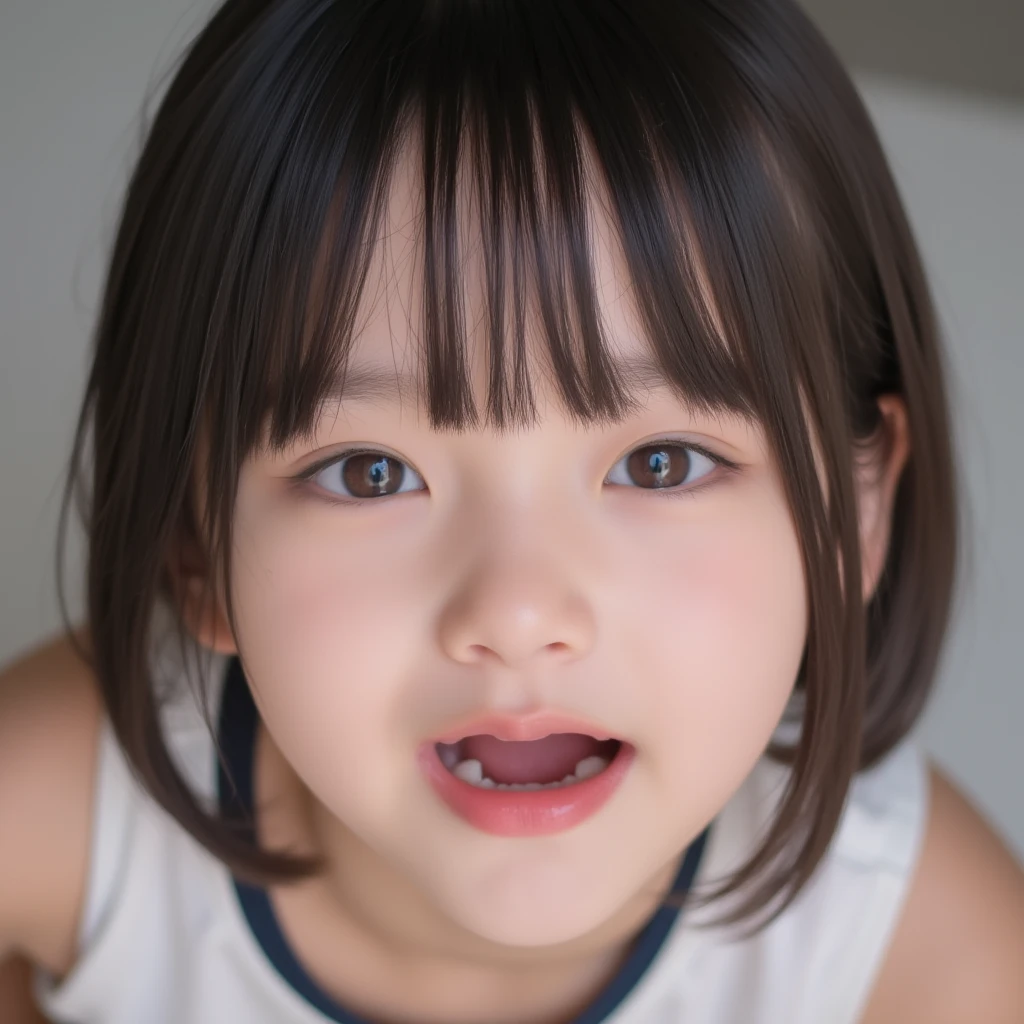 Japanese,Subjective、Beautiful ,Baby Face、Upper body image、Ultra-flat chest:1.85、Ultra short height、An innocent smile、Flat Chestのクローズアップ、Flat Chest:1.85、cute,Primary school students,clavicle、Primary school studentsの私服、Summer clothes、So small and so young、Image from below、On the bed:1.85、She has her arms open wide waiting for a hug:1.85、Big frilly ribbon:1.85、Strong motherhood、She kisses me with her tongue out:1.85、Knee pillow、blush、Open your mouth wide and stick out your tongue、I can see the back of your throat