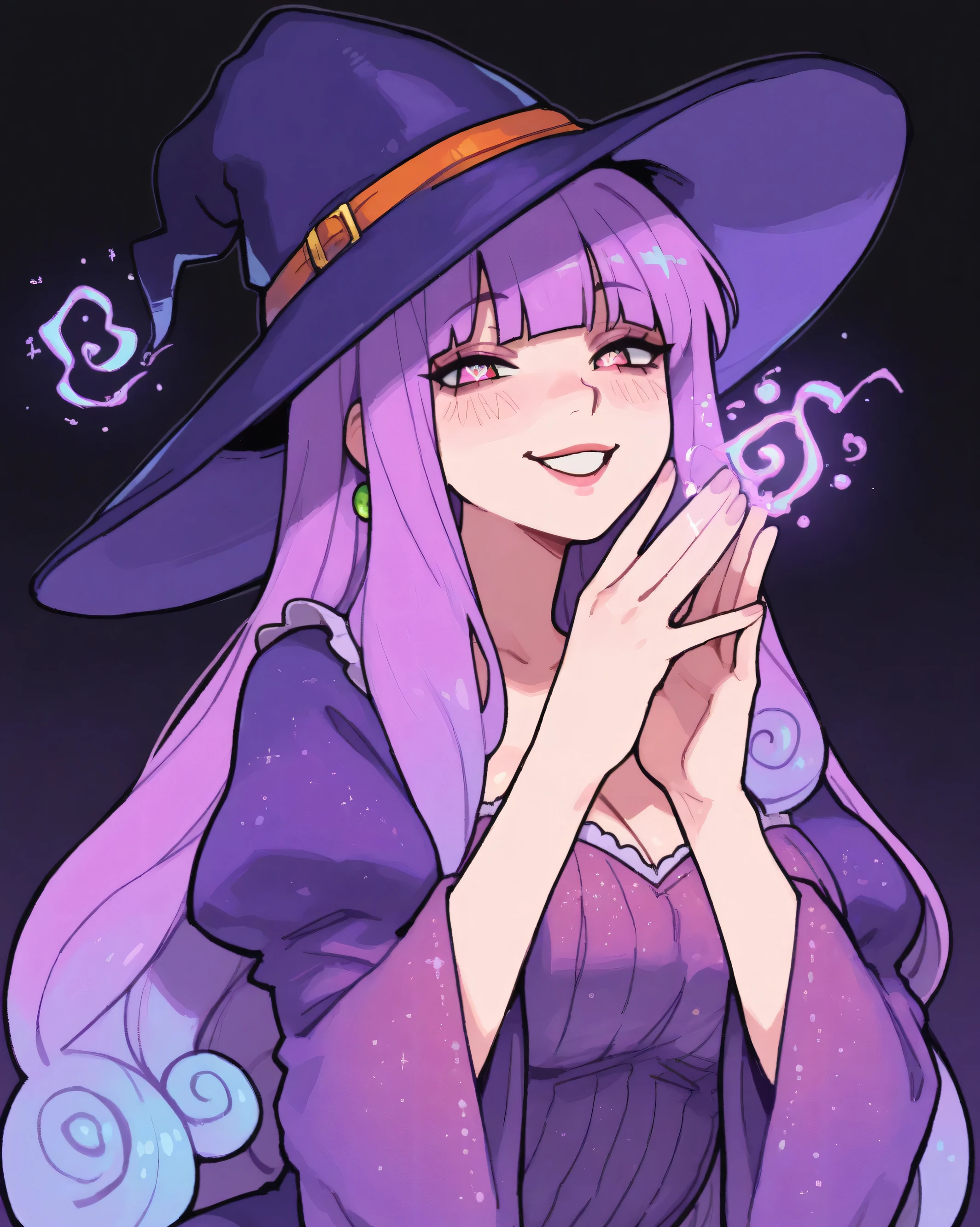 witch. She is dressed in a long flowing purple dress that emphasizes her lush form. On her head she wears a wide-brimmed hat that is slightly shifted, giving her image an air of mystery.
Her face expresses confidence and a slight slyness - her eyes are expressive and a confident smile plays on her lips. She is holding a powerful magic spell in her hands, and radiant magical energy swirls around her palms.