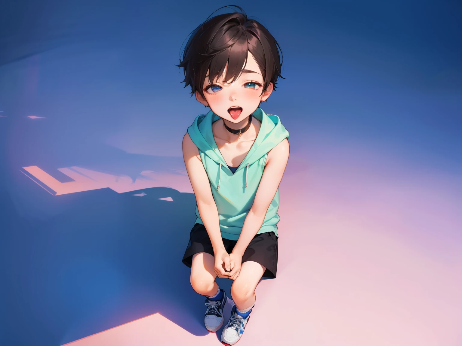 super high res, (masterpiece), superb quality, super high quality, high quality, very high detail, 1boy, alone, young boy, short straight hair, side hair, (shota), (half closed eyes), (highly detailed eyes), velvet choker, (collarbone), sleeveless hoodie, short shorts, hin socks, sneakers, depth of field, anime screenshot style, thin lines, (sitting on the ground, m-sitting), (wide open mouth, tongue sticking out), dark blush, k-pop, (cute boy), (very small and short), (very young boy), blurry and simple background, bokeh, uhd cinematic, detail, atmosphere, (8k), corona rendering, (front view), (from above), (full body shot), Character Focusing,