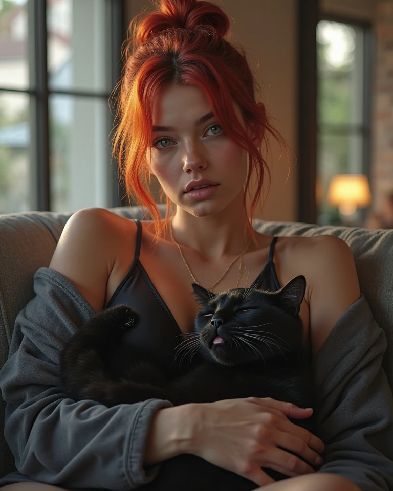 low angle portrait of a tan ginger woman holding a red cat in her arms, (she is wearing a deep V-neck tied top:1.2), (bare shoulders), they are curled up in a comfortable chair (in front of a window, It is snowing outside:1.2), blissful. warm deep reds, (camera flashlight photography:1.2), background in focus, (hard shadows, pitch black background, unlit, dark theme, dim lighting, deep contrast:1.25)