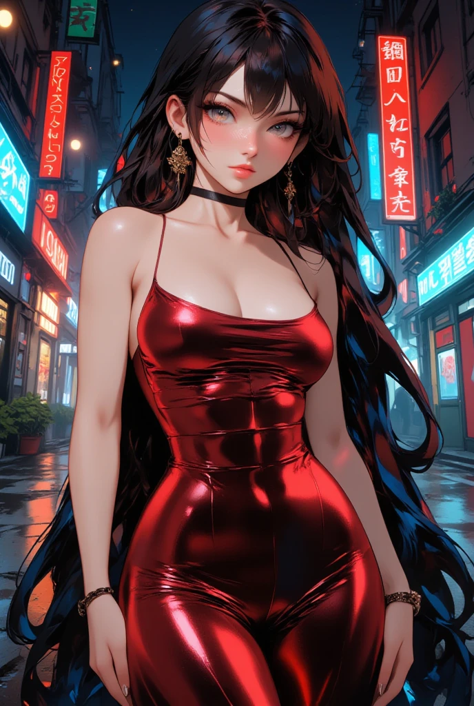 Mulher sexy, cabelos pretos lisos, peitos grandes, vestido vermelho longo, decote, fundo de cidade a noite,