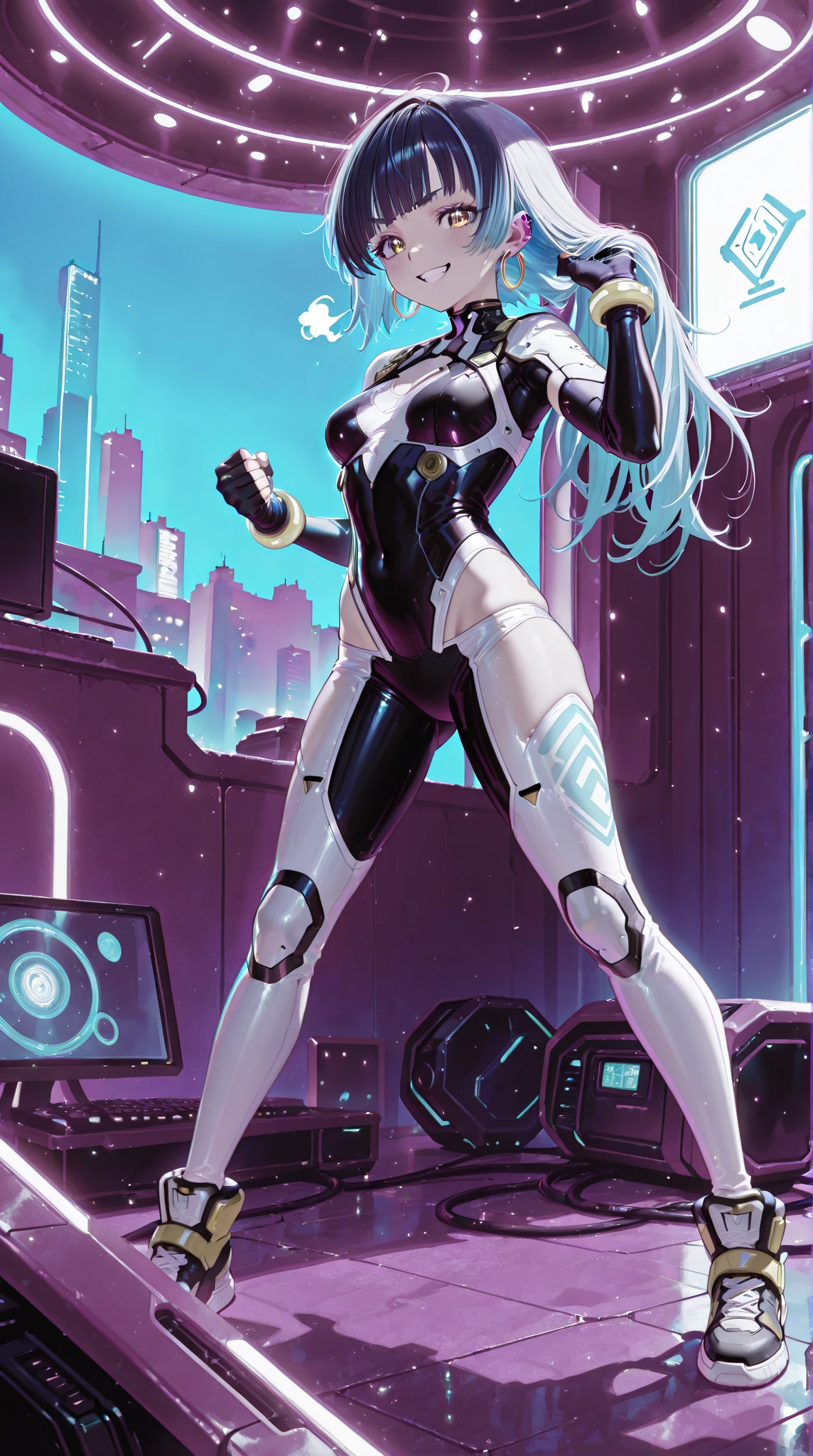 初音ミクはPlug Suitを着ている、Big Breasts、Latex bodysuit、Plug Suit((Neon Genesis EVANGELION))、Plug Suitの色は白と水色、High heels、The background is ruins、high resolution、2010s anime style、8K CG