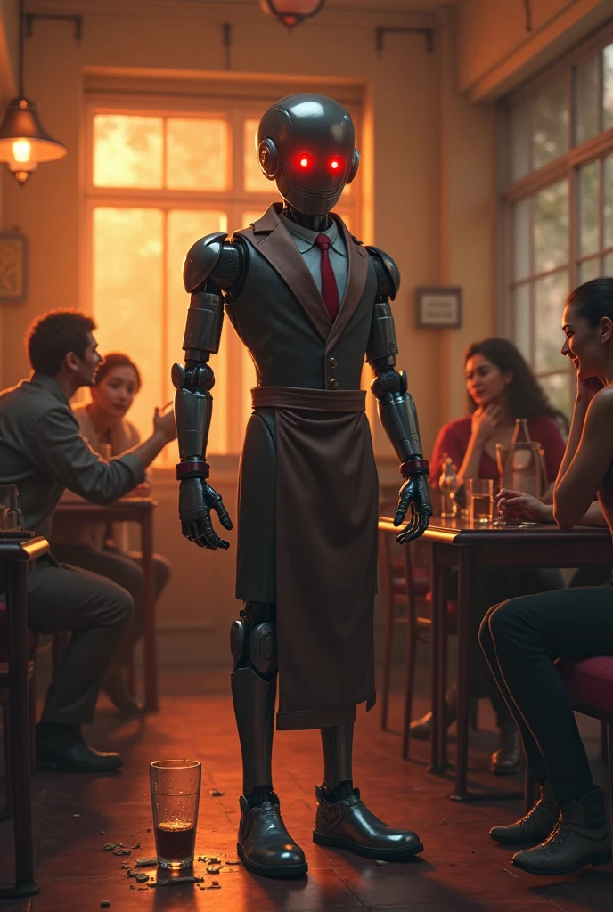 there are three people sitting at a table with a robot on it, cinematic style photograph, deathpunk, at a dinner table, wearing fantasy formal clothing, animated film still, collodion photograph, syndicate(2012), 4 limbs and civilized behavior, official screenshot --auto --s2