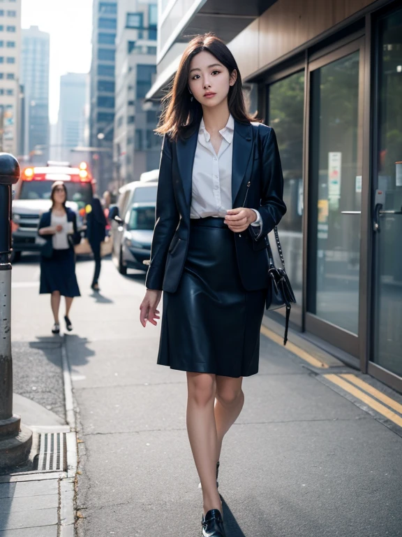 (8k, Best Quality, Masterpiece:1.2), (Realistic, Photorealistic:1.37), Ultra Detail, 1 Girl, Full Body, Outdoor, (Adjusted Hair:1.5) Office Lady, Black Office Blazer, Office Skirt, (pantyhose: 1.2), (short button-down shirt: 1.2), button-up collar prim, button-down collar prim, bra, (pantyhose: 1.2), alpha layer, high heels, beautiful earrings, cute, solo, beautiful detailed sky, (smile: 1.15), (closed mouth), small breasts, beautiful detailed eyes, business attire, (short hair: 1.2), floating hair NovaFrogStyle,