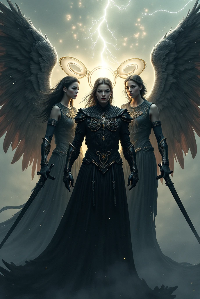 elegant demonic warriors, 3girls, detailed facial features, long flowing hair, ultra-detailed, highly detailed facial features, extremely detailed eyes, beautiful detailed lips, beautiful detailed skin, highly detailed clothing, majestic demonic wings, cursed sword, cursed axe, ethereal otherworldly atmosphere, dramatic dramatic lighting, cinematic composition, award-winning digital art, dark fantasy, dramatic colors, dramatic shadows, dramatic highlights, vibrant colors, intricate details, masterpiece, best quality, 8k, extremely detailed