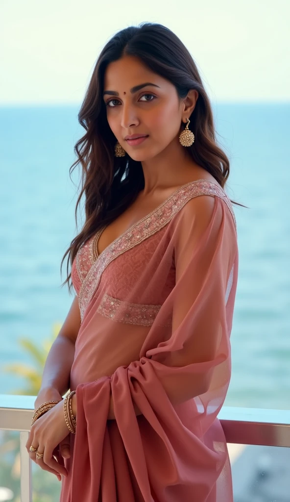 Straight shiny dark brown hair, kiara advani, wearing sexy bikini,realistic, (RAW photo), (realism: 1.8), (gloss red lipstick, many eyelashes, dark black eye shadow, shy, blushing, high quality, high resolution, realistic sea beach , chromatic aberration, caustic, wide light, realistic dark fair glossy skin, deep skin texture, skin detailing, (21 year old woman), stylish girl, pink sharara, lots of exposure, nice pose, visible 8k resolutions,