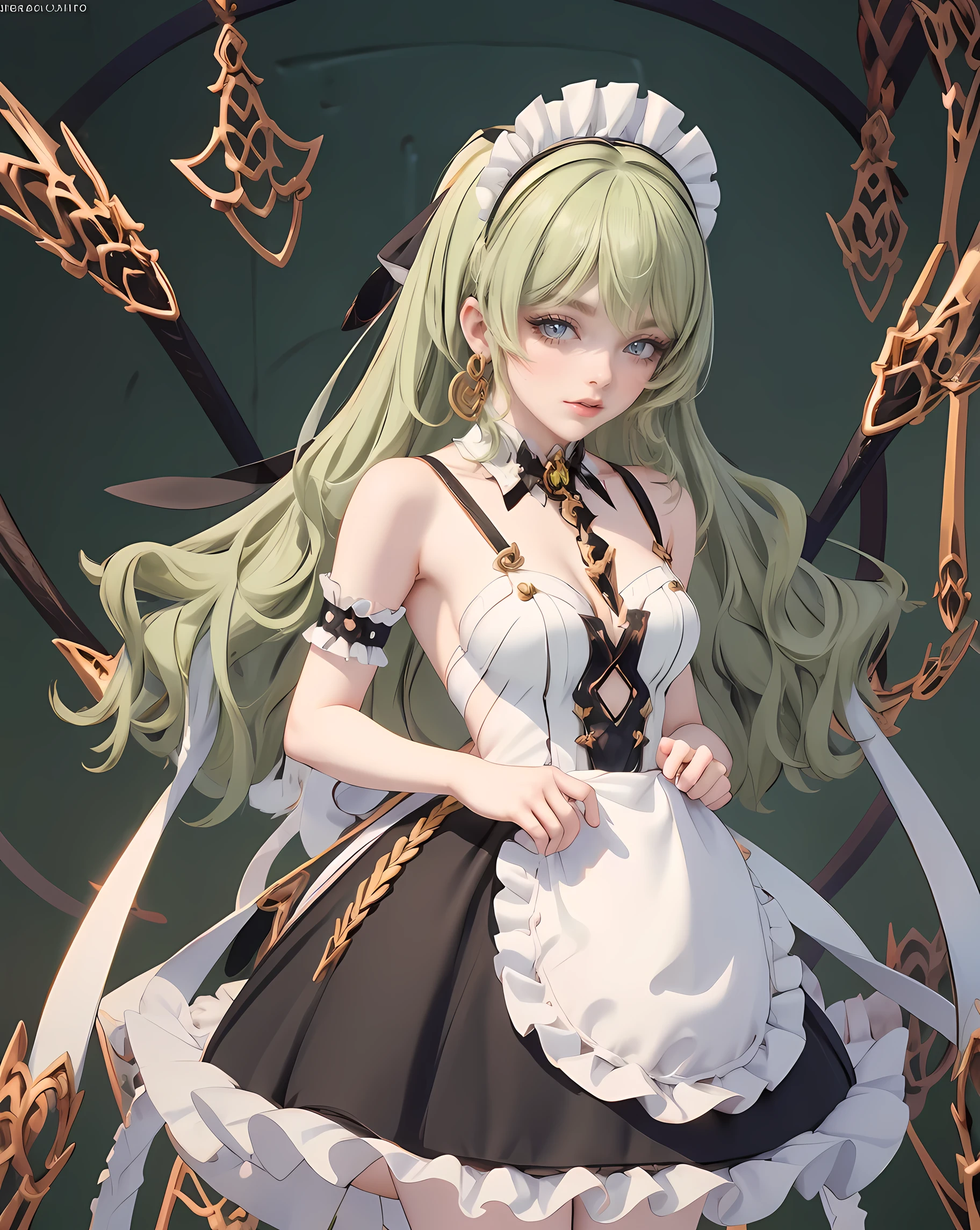 1girl, green hair, harness, black dress, solo, ponytail, ahoge, symmetrical gloves, harness, maid dress, collarbone, garter on the legs, stand up, white apron, maid dress, maid, streaked hair, thigh gap, harness, very long hair, solid background, maid uniform, full body, too many frills in her dress, magical girl, perfectly body, gold jewelry, harness, jewelry, Cute pose, beautiful ponytail, with big lips, freckles, glow eyes, long hair with long ponytail hair and bangs, perfect body, perfect hands, white boots, boots, frills, harness, maid uniform, maid dress, maid uniform, maid apron, garter on the legs, small skirt, lux dress, gold jewelry, solid background, best quality, blushing, maid uniform, maid headdress, maid dress with too many frills, ponytail, short skirt, sparkle, harness, centered girls, stand up, full body, glowing hair, magical girl, sparkles, more details on her clothes, golden details on her dress, harness, maid uniform